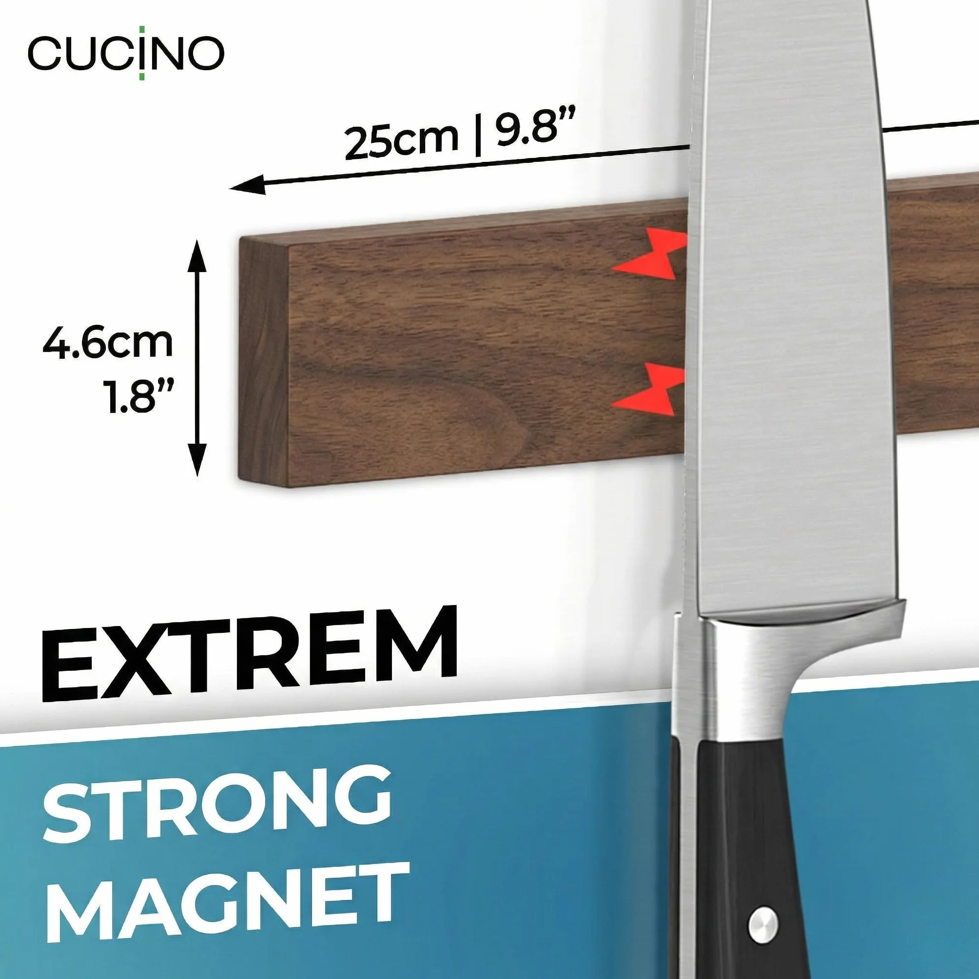 samoprzylewna listwa magnetyczna na noże – zwycięzca testu porównawczego z wyjątkowo mocnym magnesem – łatwy montaż taśmą 3M bez wiercenia, orzech 25 cm
