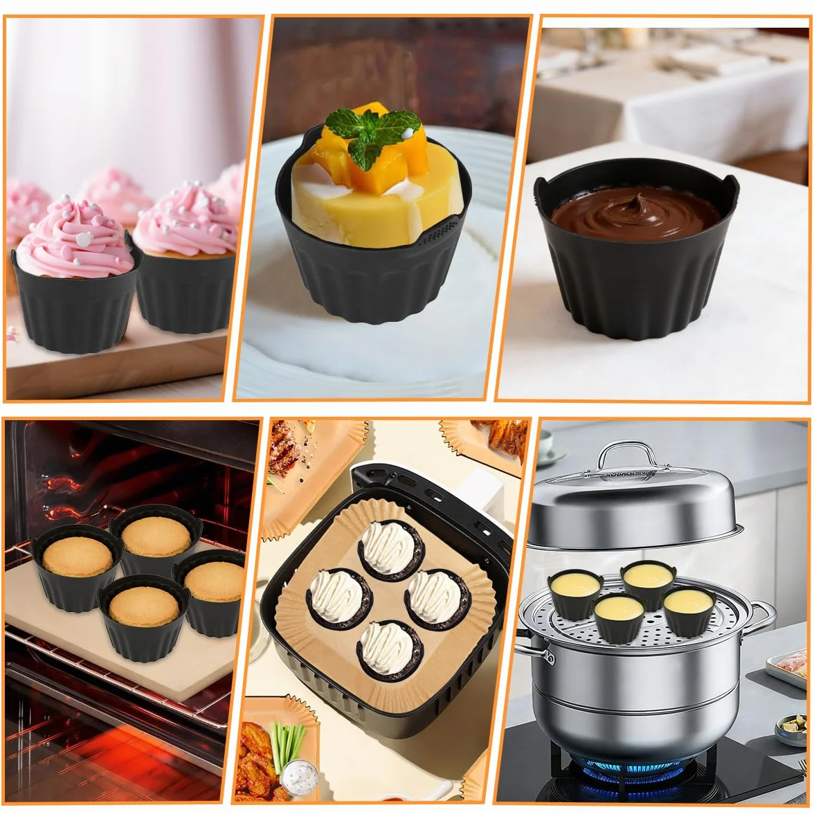 8 sztuk silikonowych foremek do muffinek Airfryer, do frytkownicy na gorące powietrze, z silikonowym pędzlem do pieczenia, z powłoką zapobiegającą przywieraniu, nie zawierają BPA, foremki do