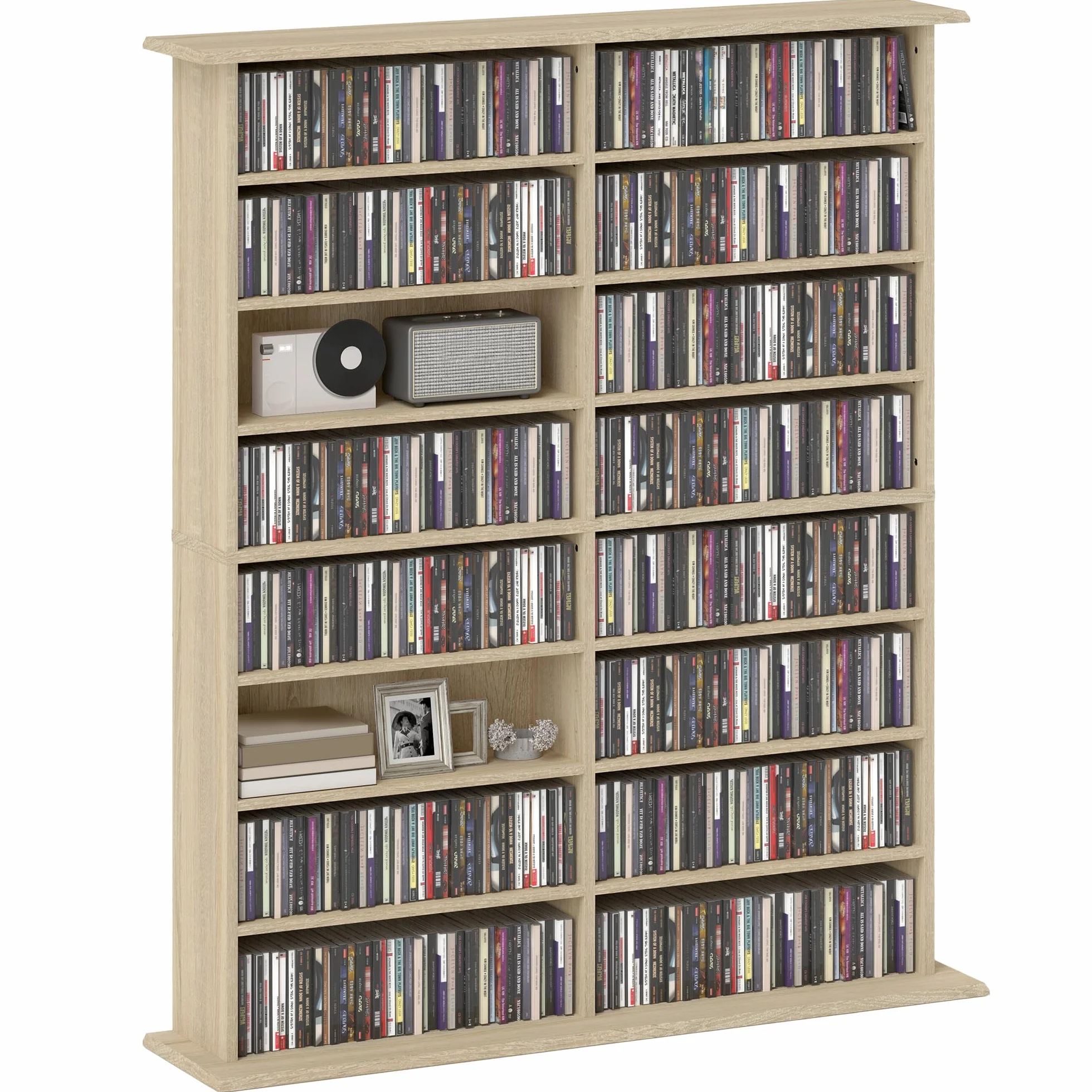 HOMCOM 720 CD/396 DVD, regał do przechowywania multimediów Blu-ray 396 z 16 przegródkami i 12 regulowanymi półkami, wieża CD do salonu, sypialni, biura, wykończenie z naturalnego drewna