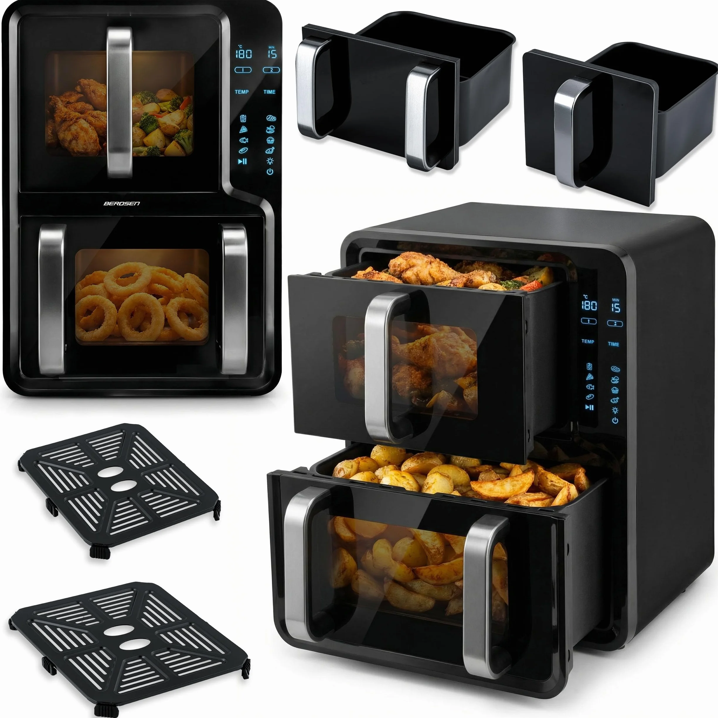 Berdsen Frytkownica Beztłuszczowa Airfryer 12 l Dwukomorowa 2800 W 8 Programów Ekran Dotykowy Czarna
