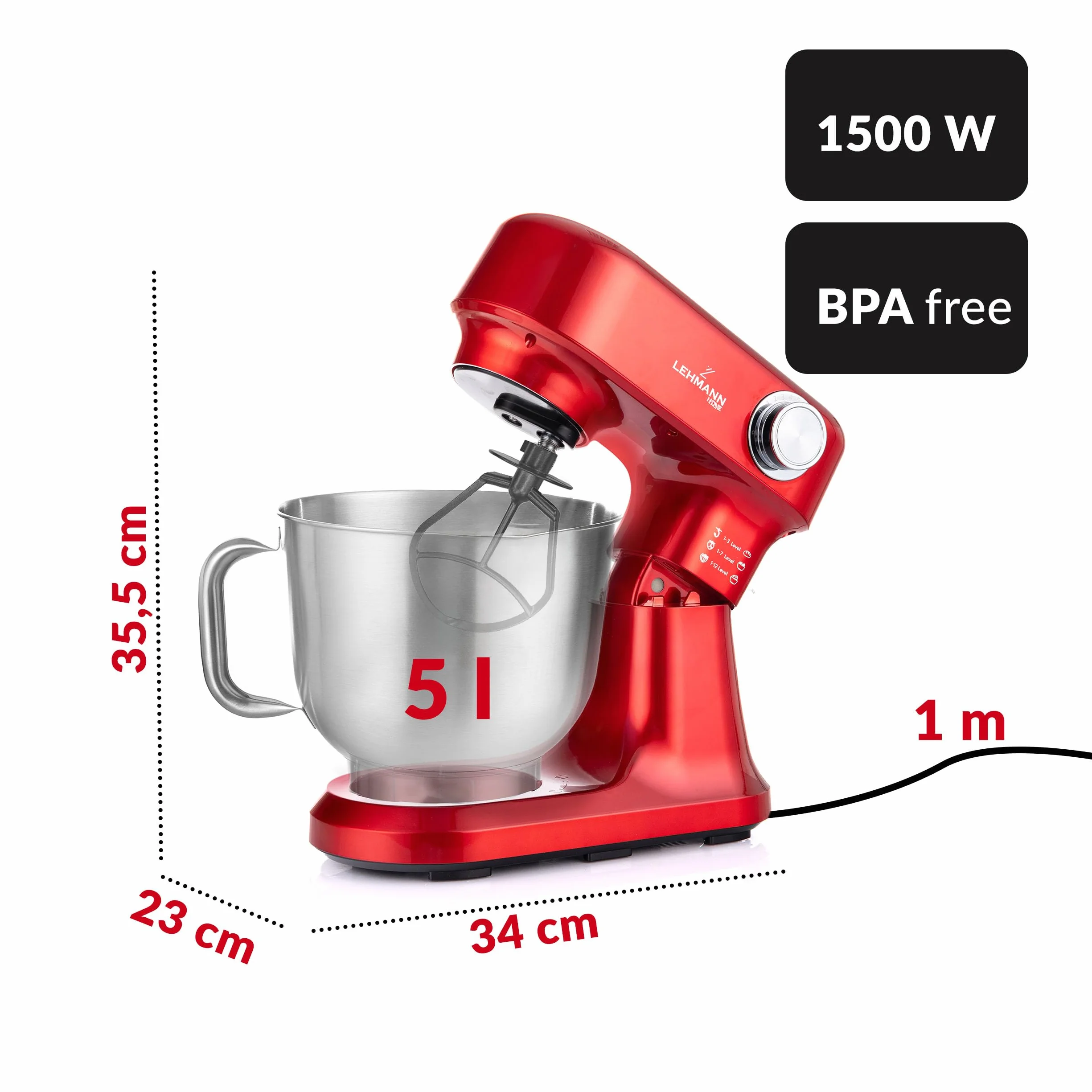 LEHMANN Robot kuchenny z zestawem akcesoriów, 1500 W, mieszadło z 12 prędkościami, miska do mieszania 5 l, zabezpieczenie przed przegrzaniem, antypoślizgowy, ugniatarka z 3 wkładami do mieszania i