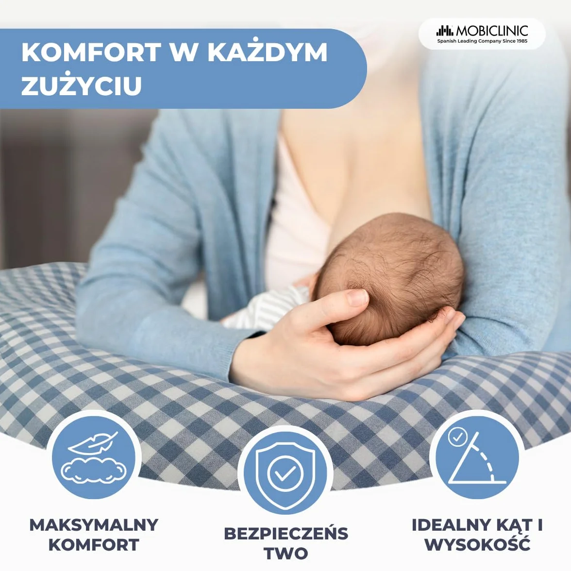 Mobiclinic®, Poduszka do Karmienia Piersią XXL, 3 w 1, Poszewka 100% Bawełny, 150 Cm, Regulowane Paski, Wielofunkcyjna, Aura, Zdejmowana i Nadająca się do Prania, Wielopozycyjna, Nadruk Vichy