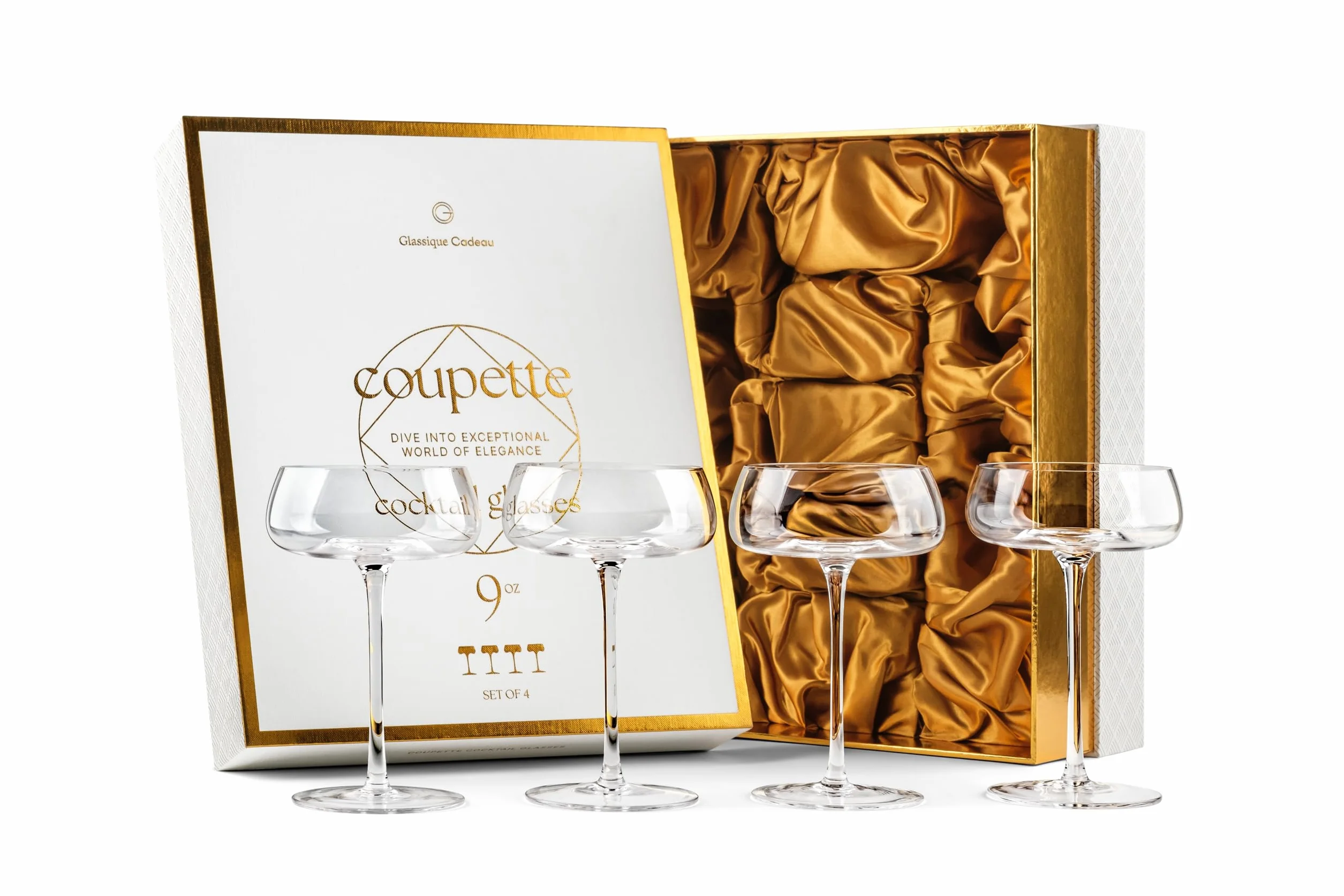 Coupette Kieliszki do koktajli Martini i miseczki do szampana | zestaw 4 szt. | eleganckie kryształowe szklanki koktajlowe 260 ml Coupe z długą nóżką do szampana, espresso Martini, Daiquiri
