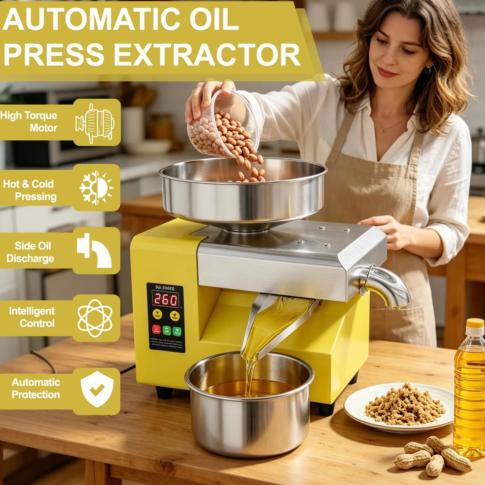 Maszyna do tłoczenia oleju 1500 W, ekstraktor zimnego gorącego oleju z pojemnikiem, kompaktowa maszyna ze stali nierdzewnej, wydajność 5-9 kg/h do oliwek, orzeszków ziemnych, kokosów, sezamu