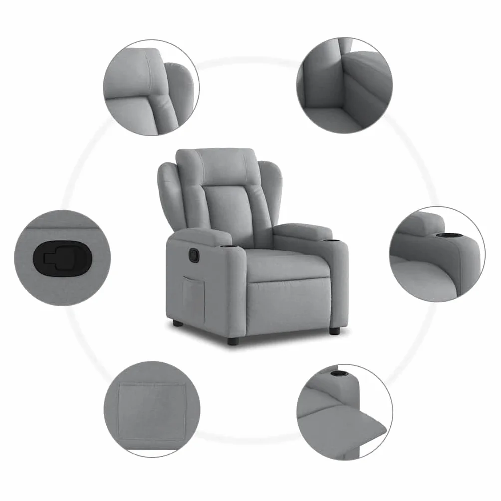 Fotel relaksacyjny, jasnoszary, materiał z ręczną funkcją leżenia, regulowany, ergonomiczny, wygodny fotel z podłokietnikami i oparciem z drewna i metalu, do salonu, kącika do czytania i biura
