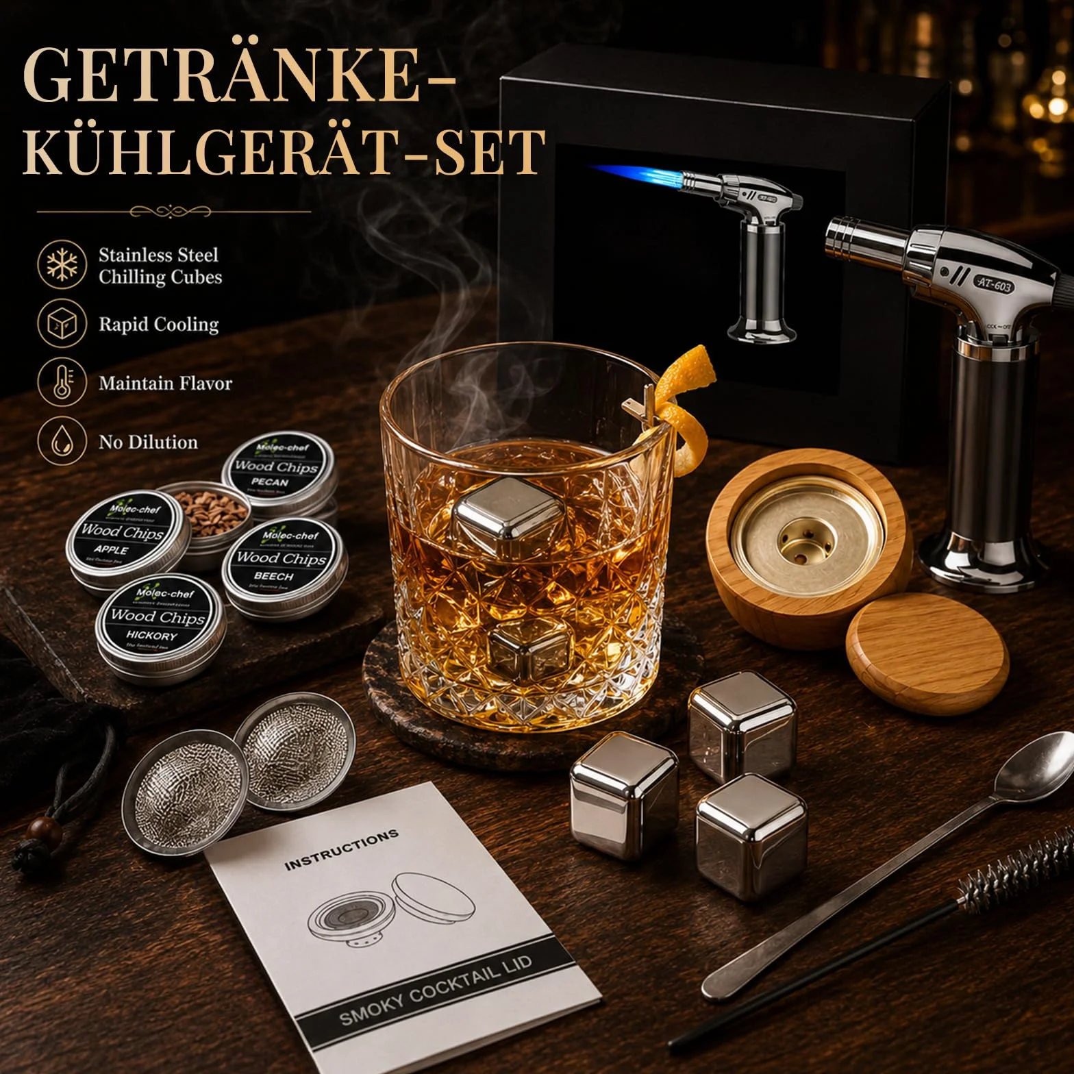 Zestaw wędzarniczy do whisky z pochodnią, zestaw do wędzenia koktajli, 8 rodzajów drewna i akcesoriami, zestaw do wędzenia do drinków dla Old Fashioned & Bourbon – pomysł na prezent dla