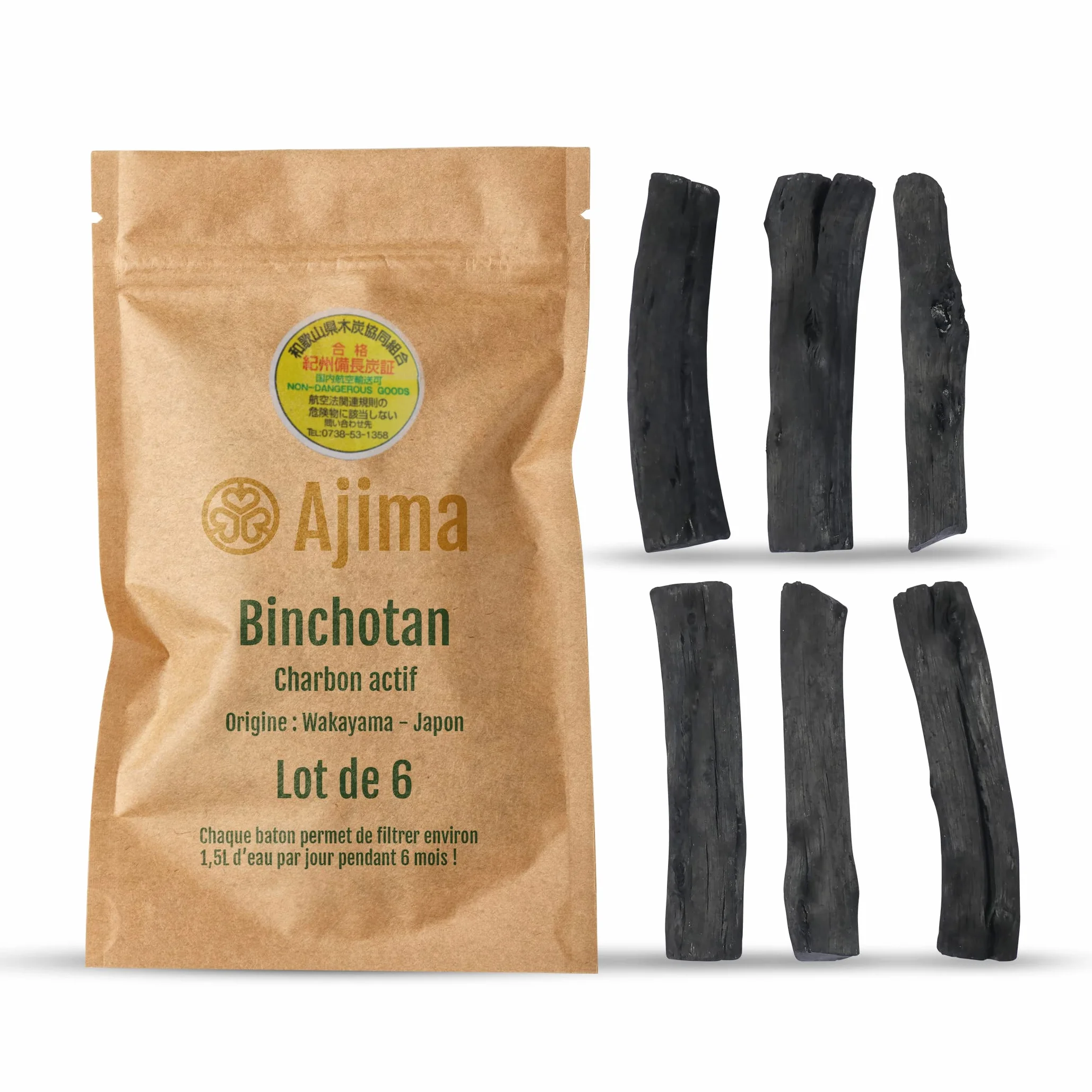 Binchotan Węgiel Aktywny Woda - Bio Węgiel Węglowy Naturalny Oczyszczacz Wody x 6 - Każdy Baton filtruje około 1,5 l - Węgiel dębowy Wakayama Prawda - Idealny do filtrowania wody do karafki