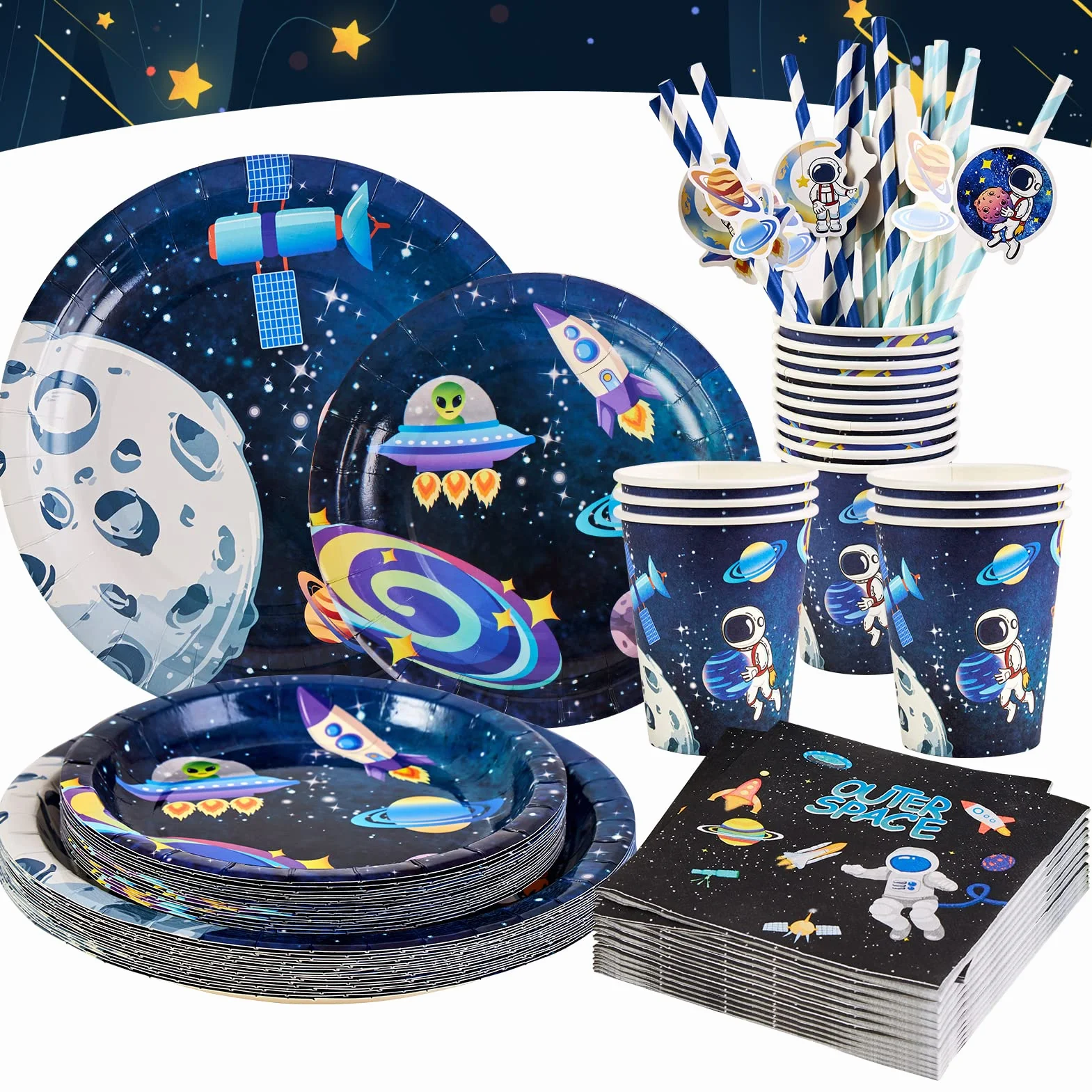 SUNBEAUTY Dekoracja urodzinowa Motyw Kosmiczny Układ Słoneczny Party Deco Zaopatrzenie na przyjęcie Talerze, Słomki, Ręczniki papierowe, Kubki Astronauta Rakieta Planeta dla dzieci