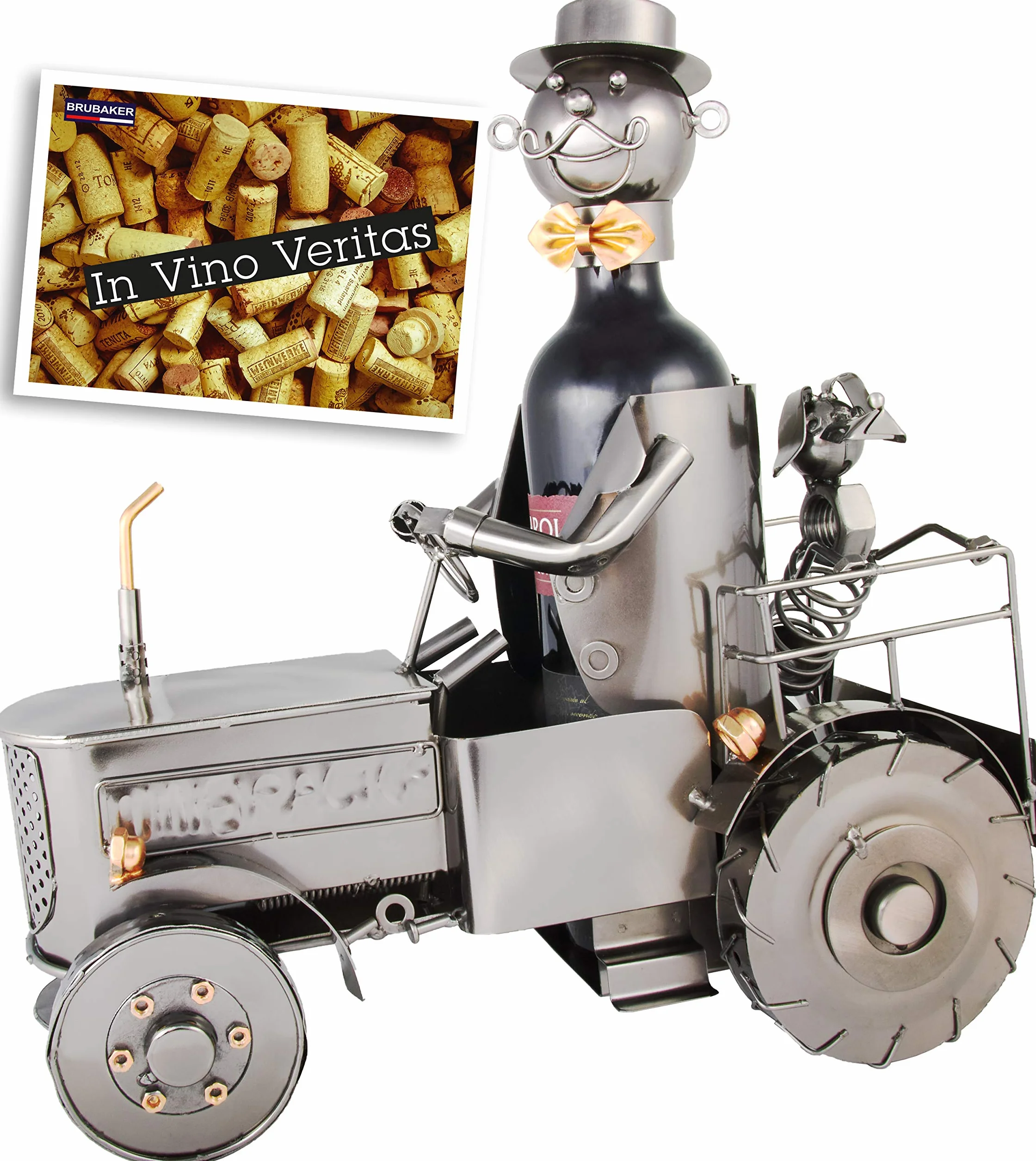BRUBAKER Stojak na Butelkę Wina Traktor z Kierowcą I Psem - Deco Traktor Obiekt z Metalu - Stojak na Butelki z Kartką z Życzeniami dla Wina Prezent