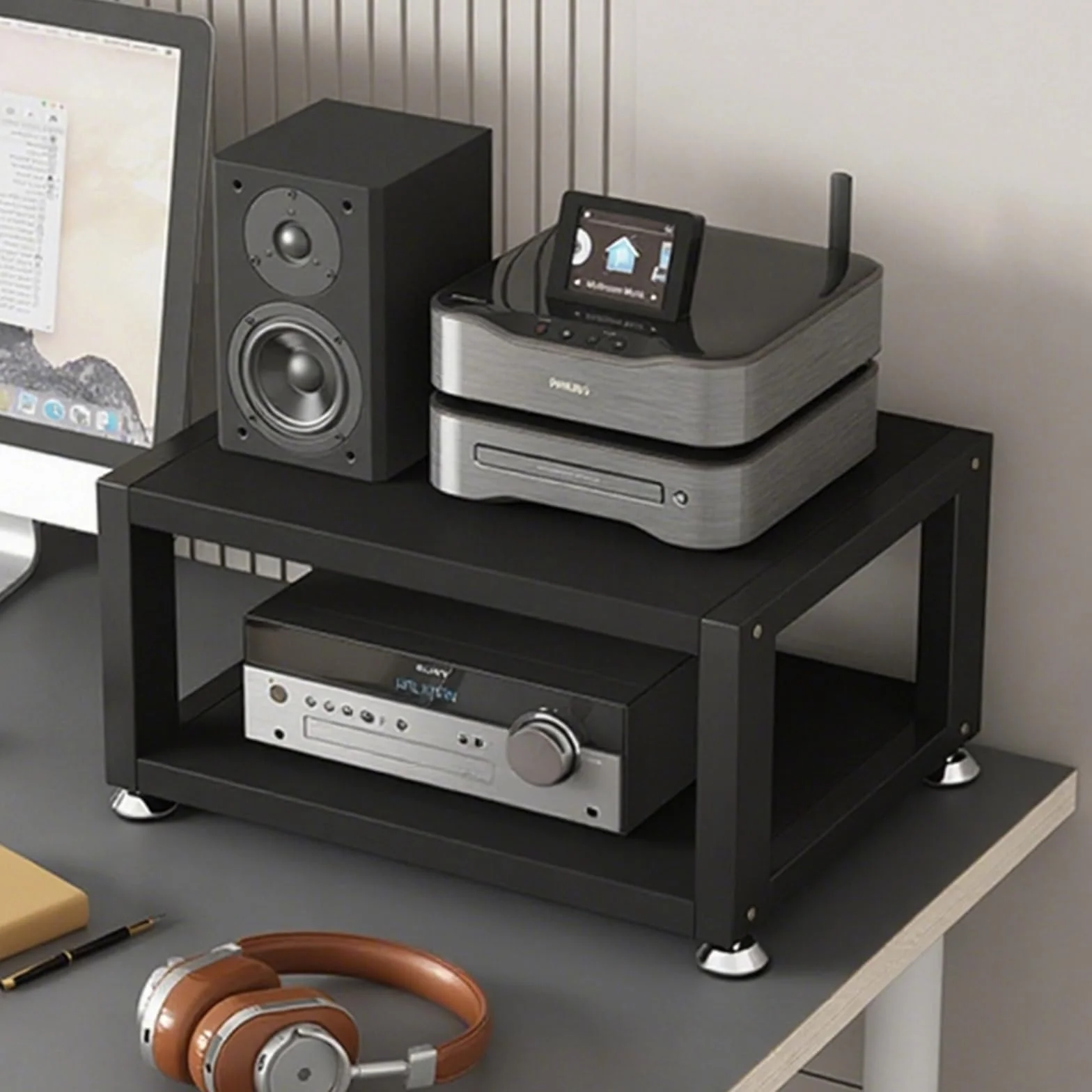 2-poziomowy stojak na media AV, otwarty stojak audio do stereo i systemów, multimedialna szafka do przechowywania, odtwarzacza płyt CD/DVD i wzmacniacza (czarny, 40 x 35 x 23 cm)