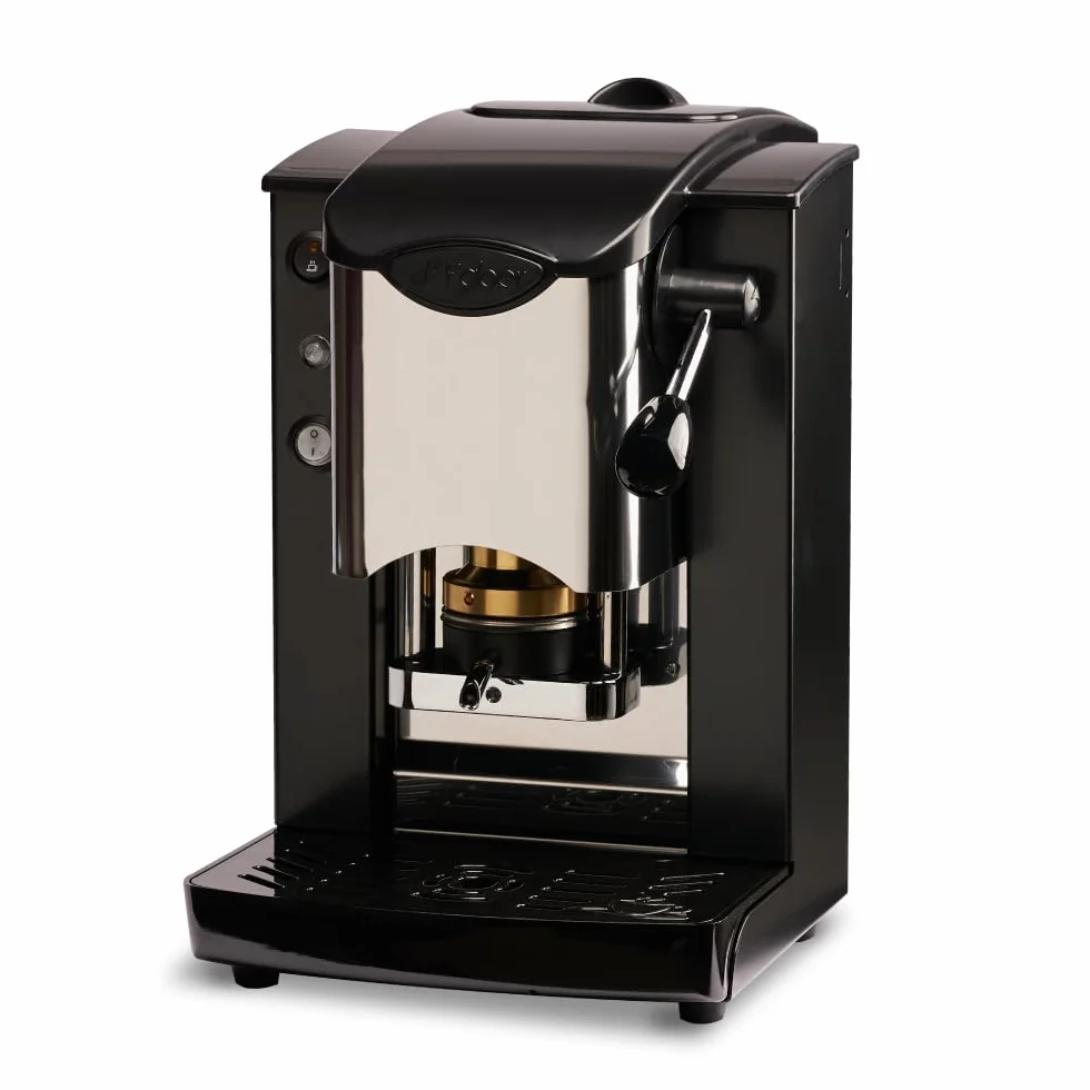 FABER COFFEE MACHINES | Model z wbudowanym gniazdem ze stali nierdzewnej | Ekspres do kawy 44 mm | Kolor czarny z tworzywa sztucznego Burgundowy | Mosiężna prasa do kapsułek (czarny/czarny)