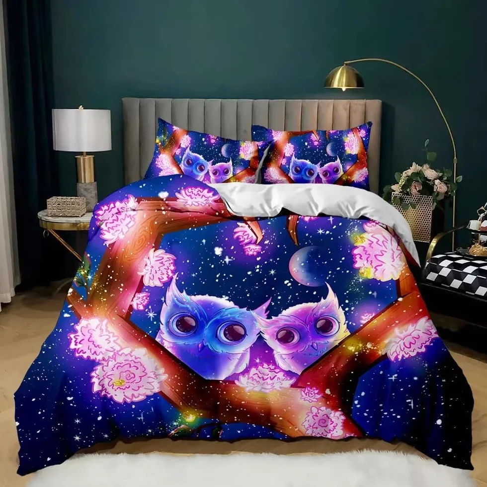 Pościel 220 x 240 cm, zestaw pościeli z motywem sowy z zamkiem błyskawicznym, dla dorosłych i dzieci, miękka, oddychająca poszewka na kołdrę z mikrofibry + 2 poszewki na poduszkę 80 x 80 cm