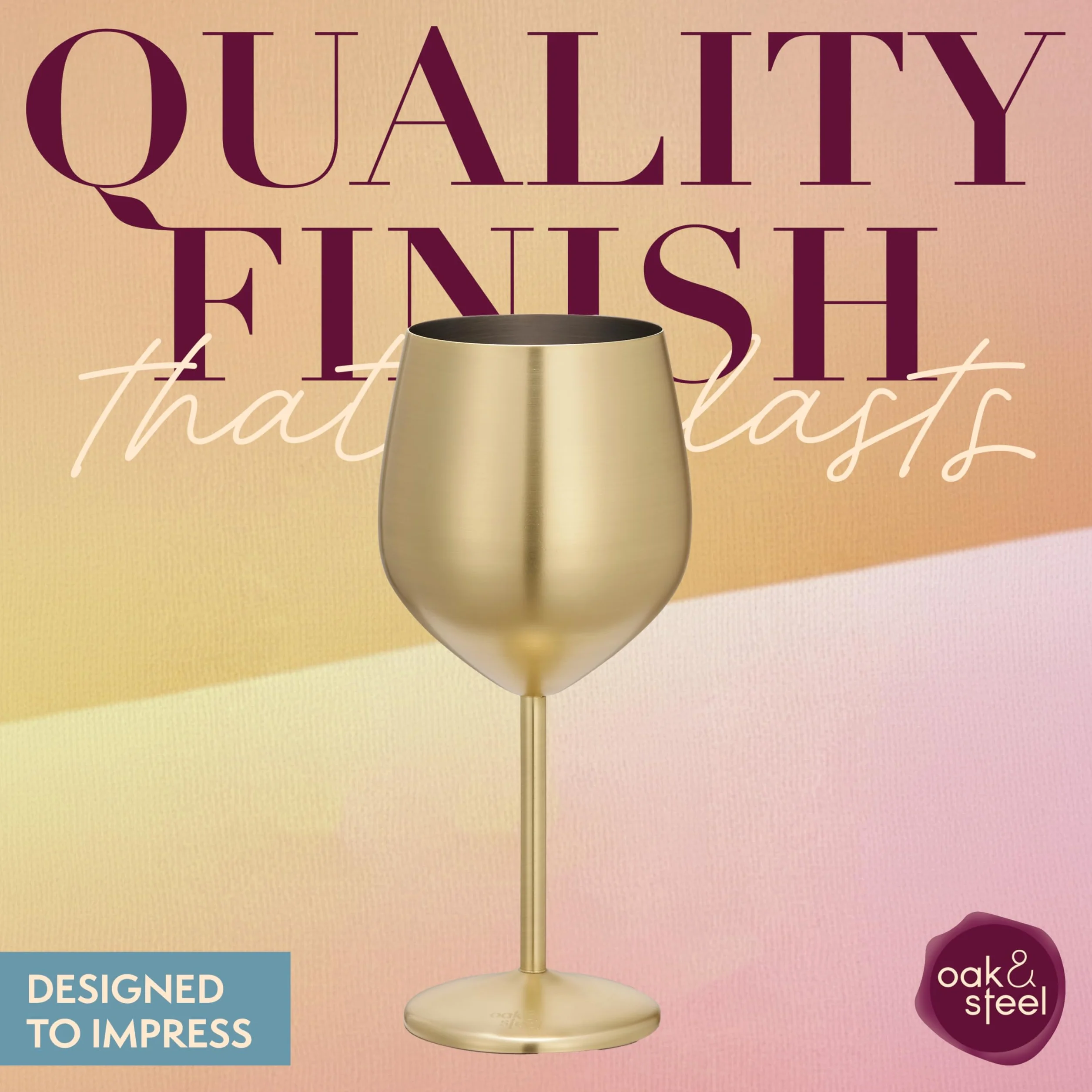 Oak & Steel - 4 eleganckie złote kieliszki do wina ze stali nierdzewnej, 540 ml, nietłukący się kieliszek do wina, zestaw upominkowy, do domowego baru, na wesela, rocznicę, przyjęcie urodzinowe