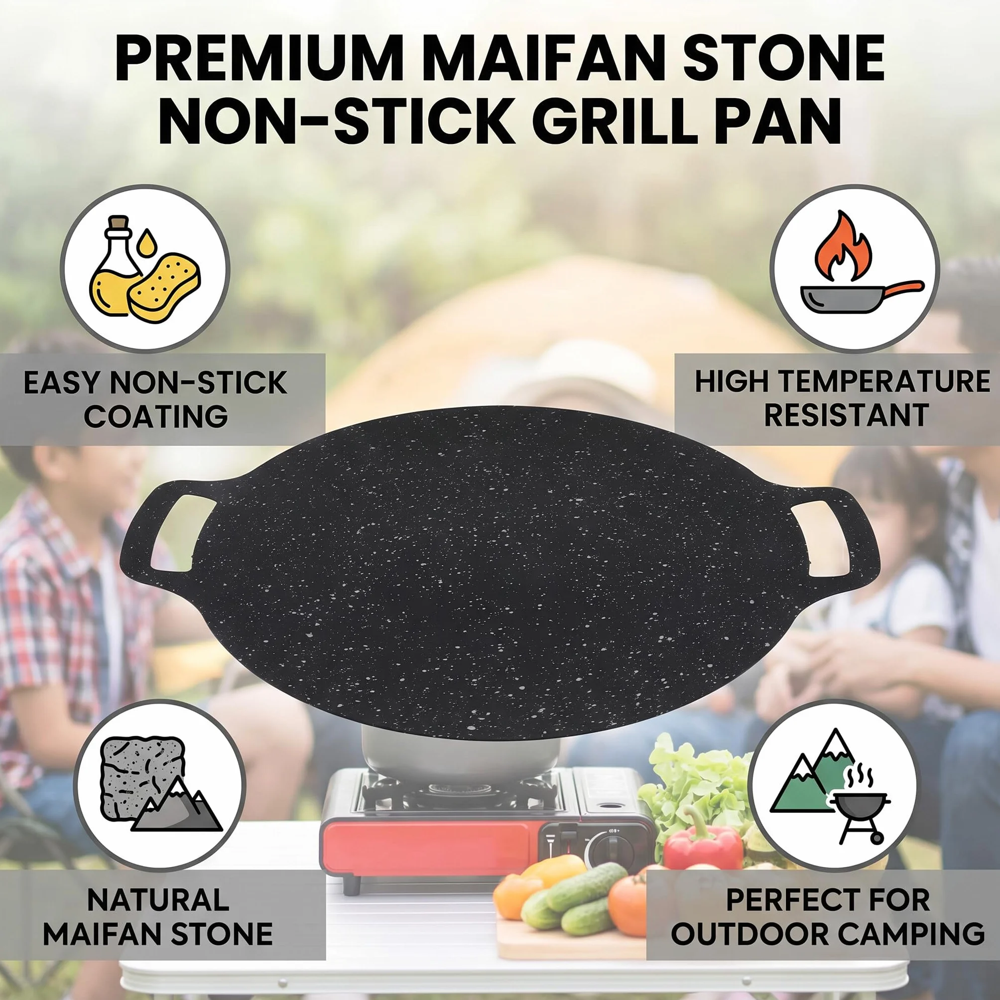 Koreańska Patelnia Grillowa, Płyta Nieprzywierająca z Kamienia Mafanowego do Grillowania na świeżym Powietrzu, Idealna na Kemping i Spotkania Rodzinne 32 Cm (38cm)