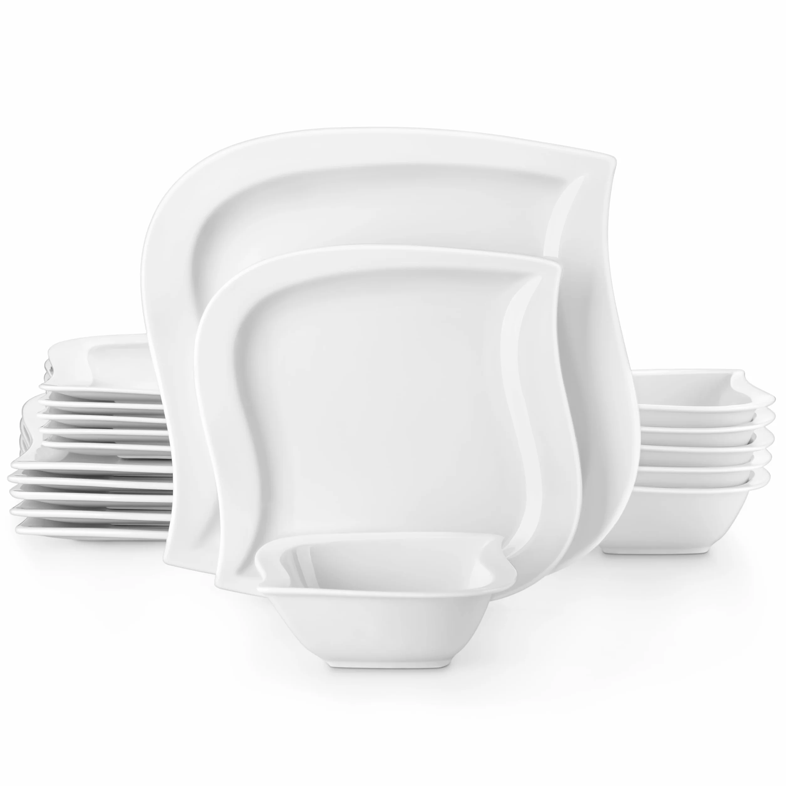 MALACASA Seria ELVIRA Zestaw naczyń z porcelany, 18-częściowy zestaw naczyń dla 6 osób z 6 talerzami obiadowymi 26 cm, 6 talerzykami deserowymi 21 cm, 6 miseczek na zupę 240 ml, białe