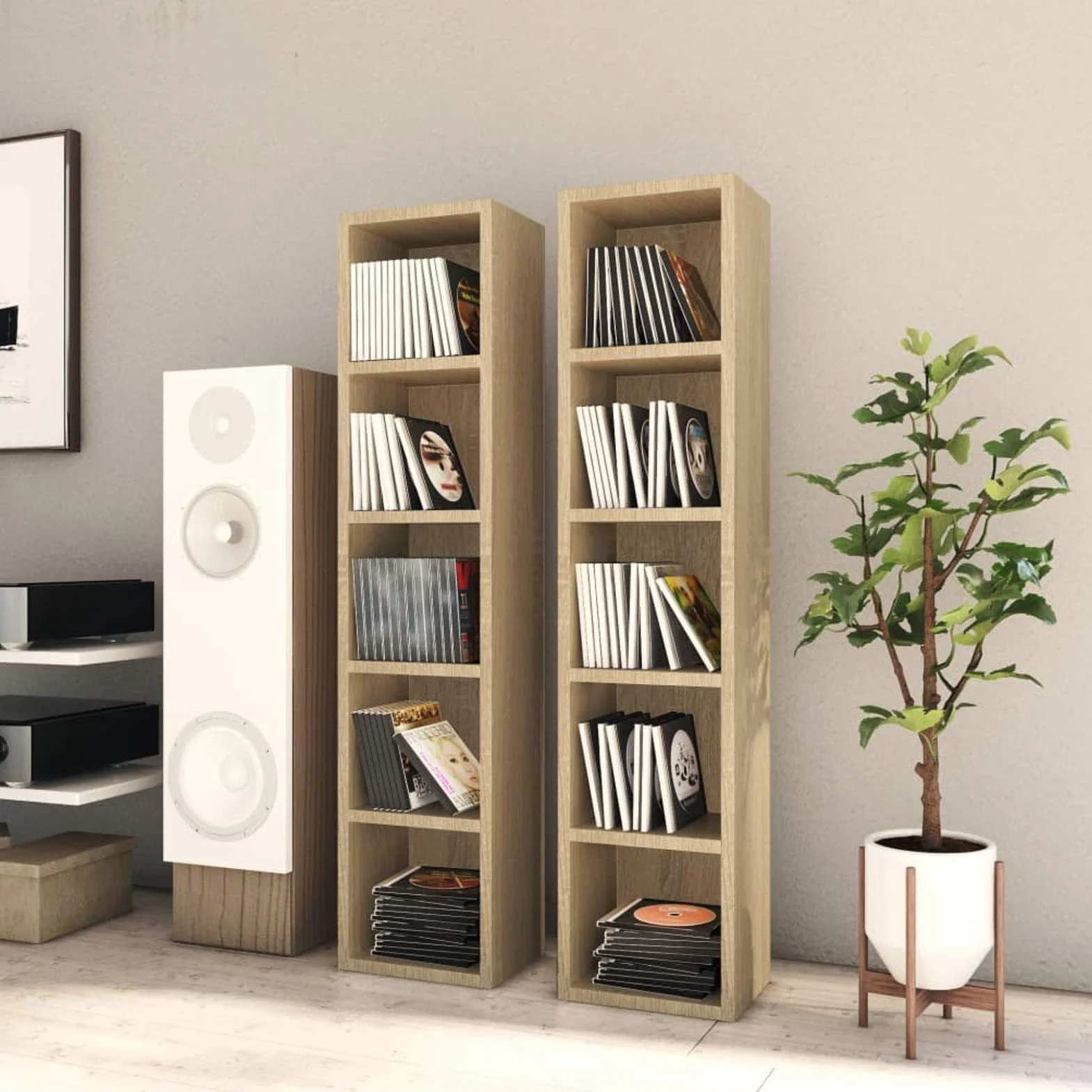 Sonoma dębowa szafka na płyty CD, 2 sztuki, 21 x 16 x 93,5 cm, drewno wielowarstwowe, regał modułowy, klasyczna szafka na płyty CD, regulowane przegródki drewniane