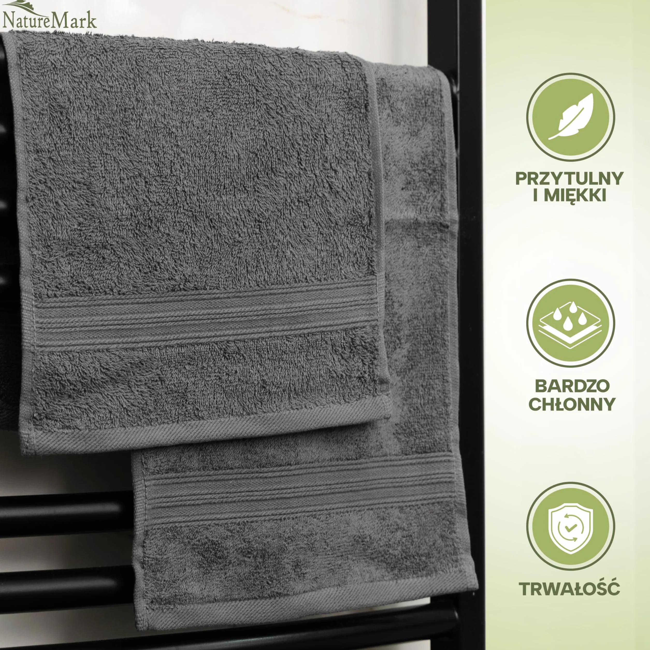 NatureMark Ręczniki gościnne – Zestaw 12 sztuk (30x50 cm), 100% bawełna, certyfikat Oeko-Tex, miękkie, chłonne i łatwe w pielęgnacji – Do łazienki, dla gości i spa – Kolor Antracyt/Szary