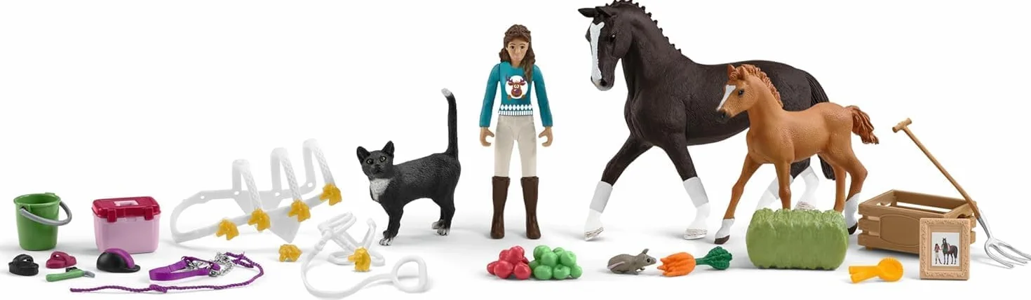 schleich HORSE CLUB | Kalendarz adwentowy HORSE CLUB 2025 – 99092 | z ruchomą figurką Lisy, 2 końmi, kotem, uzdą i wieloma akcesoriami | idealny prezent dla dzieci od 5 lat | 36 elementów