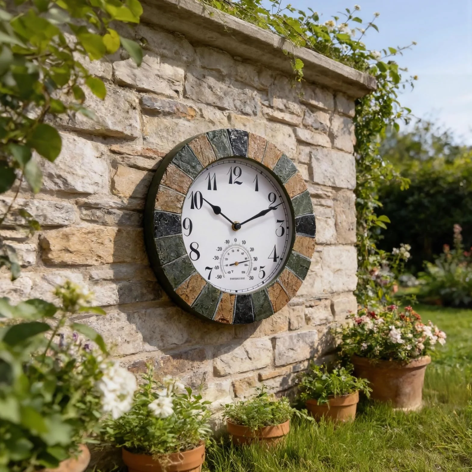 Duży zewnętrzny zegar ścienny 32 cm, do dekoracji patio i podwórka, termometr w stylu europejskim, wodoodporna konstrukcja z żywicy i szkła