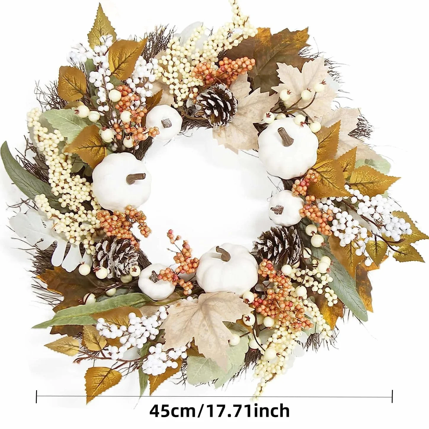 Jesienne wieńce z dyni na drzwi wejściowe, 45 cm, dekoracje na werandę, sztuczna girlanda, dynia, jagody, żołędzie, liście klonu, Halloween, Boże Narodzenie