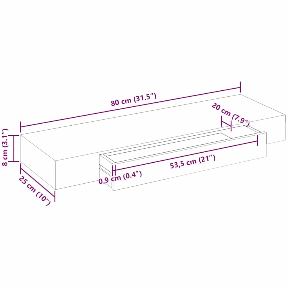 Regał ścienny z szufladą MDF, biały, 80 x 25 x 8 cm, regał wiszący, niewidoczny system montażu na książki, dekoracja, porządek, półka ścienna o wadze 5 kg