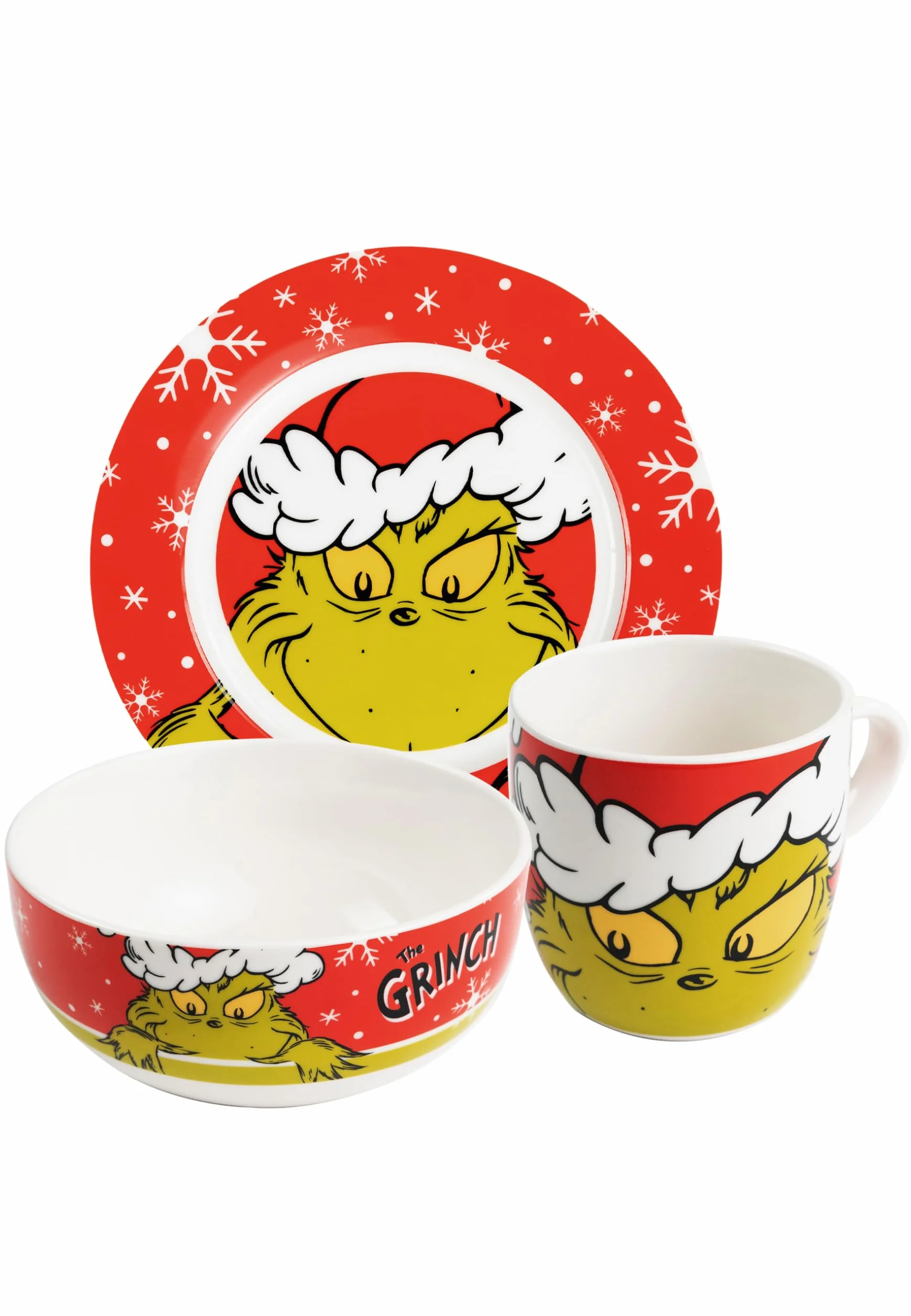 United Labels Grinch Merry Grinchmas 3-częściowy zestaw śniadaniowy, czerwony, porcelanowy zestaw naczyń z talerzem Ø 19 cm, filiżanka 220 ml i miska 330 ml