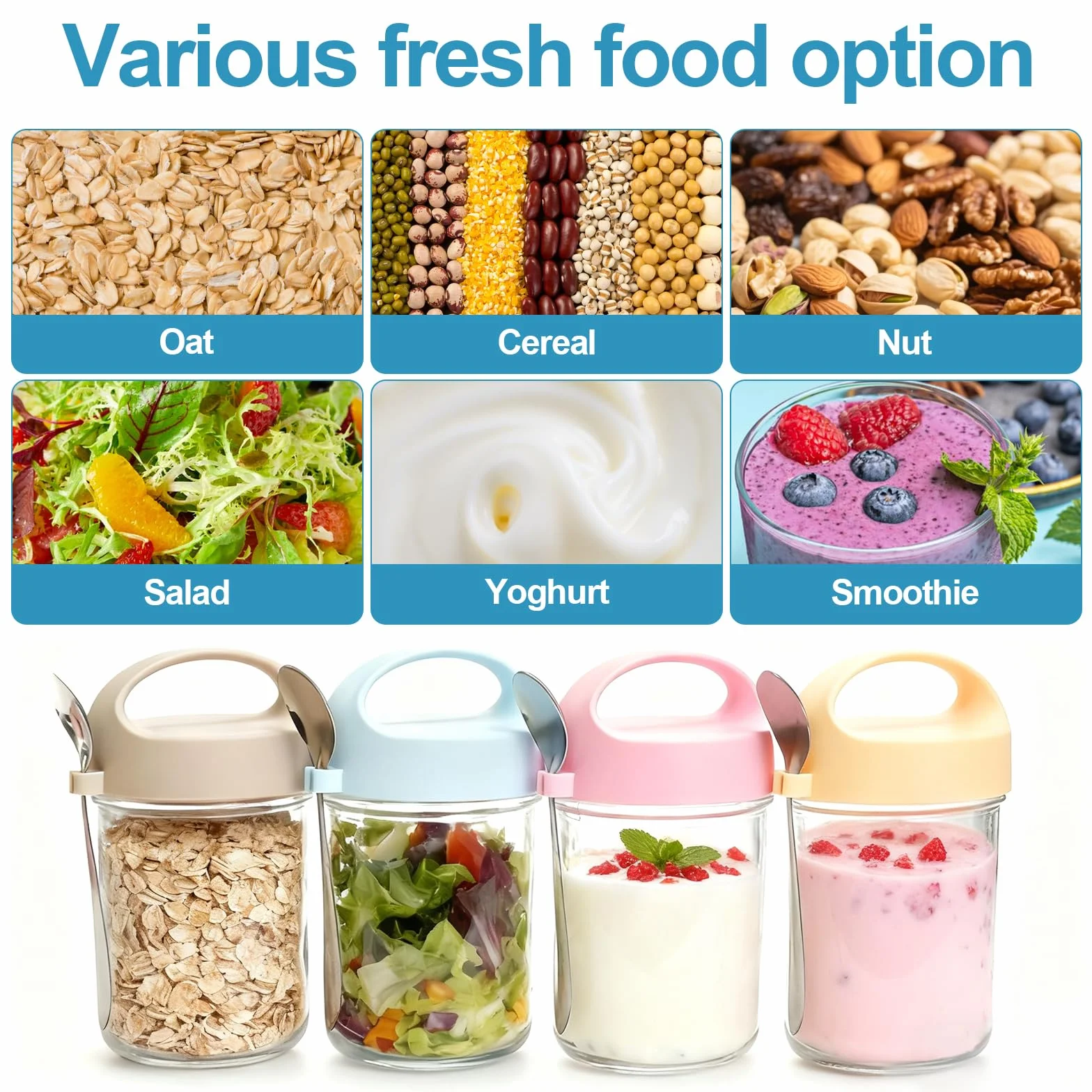 4 sztuki szklane słoiki na overnight oats z pokrywką i łyżeczką, wielokrotnego użytku, słoiki na musli na wynos, 14 uncji/410 ml, słoiki na owsiankę, jogurt, domowe musli, płatki owsiane