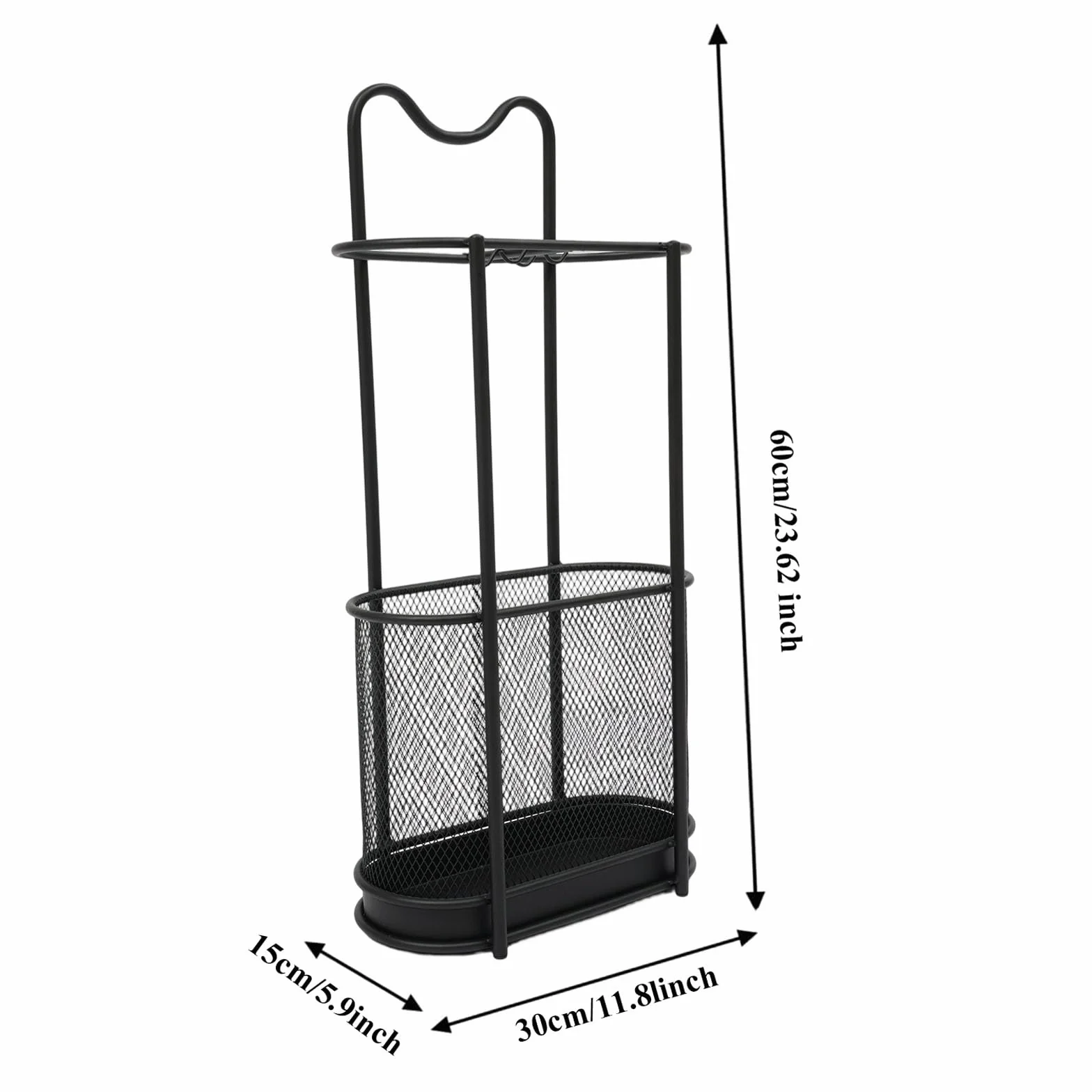 Stojak na parasole z metalu, stalowy stojak na parasole z hakiem i tacką odpływową, wolnostojący uchwyt na parasol, do wejść, balkonów, biur, sklepów, 30 x 15 x 60 cm (czarny)