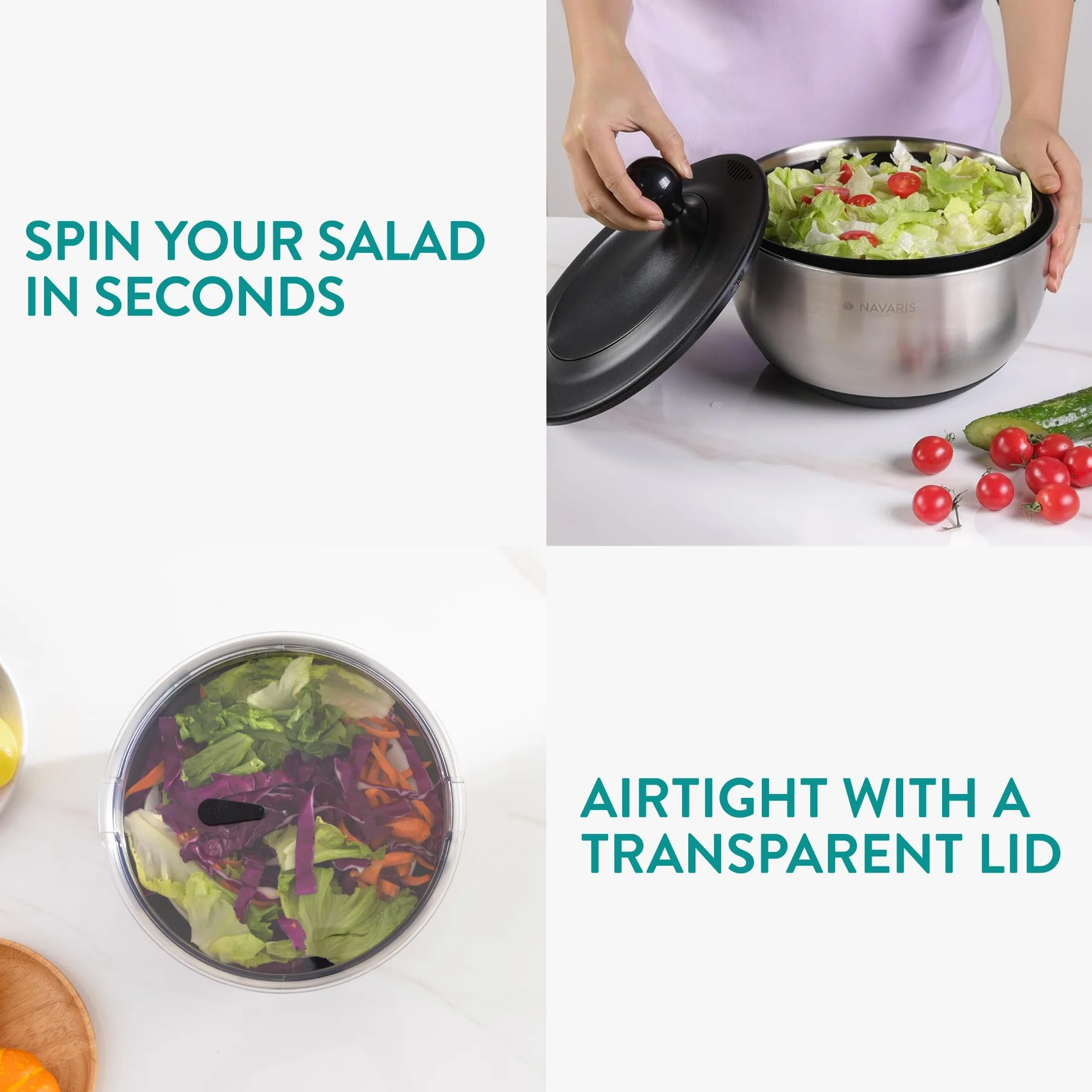 Navaris Osuszacz sałatkowy z pokrywką - Wirówka ze stali nierdzewnej - Łatwe do mycia na sucho i wirowania warzyw, sałatki owocowej - Salad Spinner