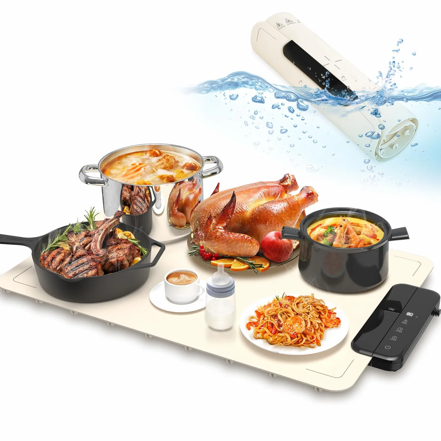 Food Warming elektryczna płyta grzewcza z silikonu do potraw | 6 poziomów temperatury (40-100°C), timer i zabezpieczenie przed dziećmi | przenośna mata grzewcza do bufetu, na imprezę i do