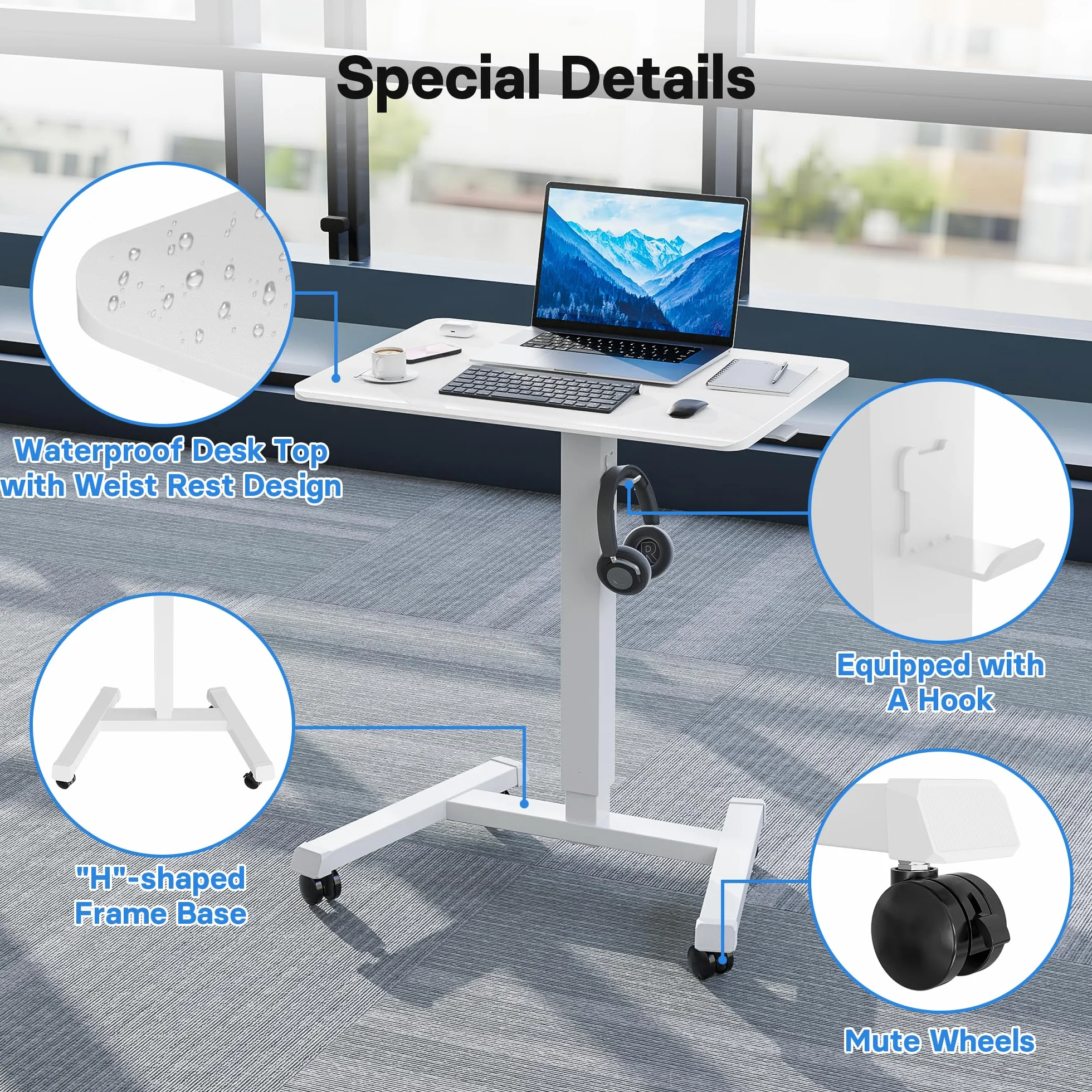 BONTEC 65x45cm Ruchome Biurko Stojące z 4 Kółkami – Regulowane Biurko z Wysokością 72-112 cm, Mobilna Stacja Robocza, Idealne do Salonu, Sypialni i Biura, Maksymalne Obciążenie 15KG, Białe