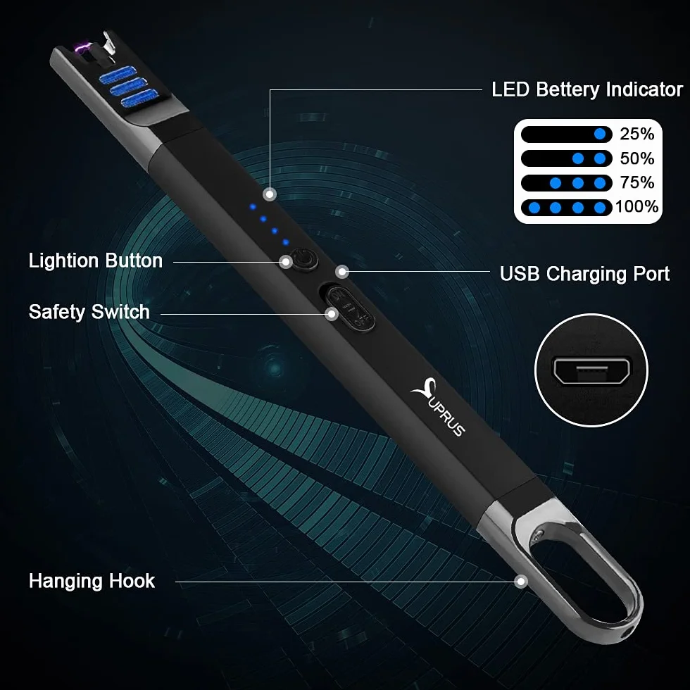 SUPRUS Zapalniczka do świec elektryczna, z łukiem świetlnym, wiatroszczelna, bezpłomieniowa, do ponownego ładowania przez USB z oświetleniem LED, na kemping, grillowanie, gotowanie (czarna)