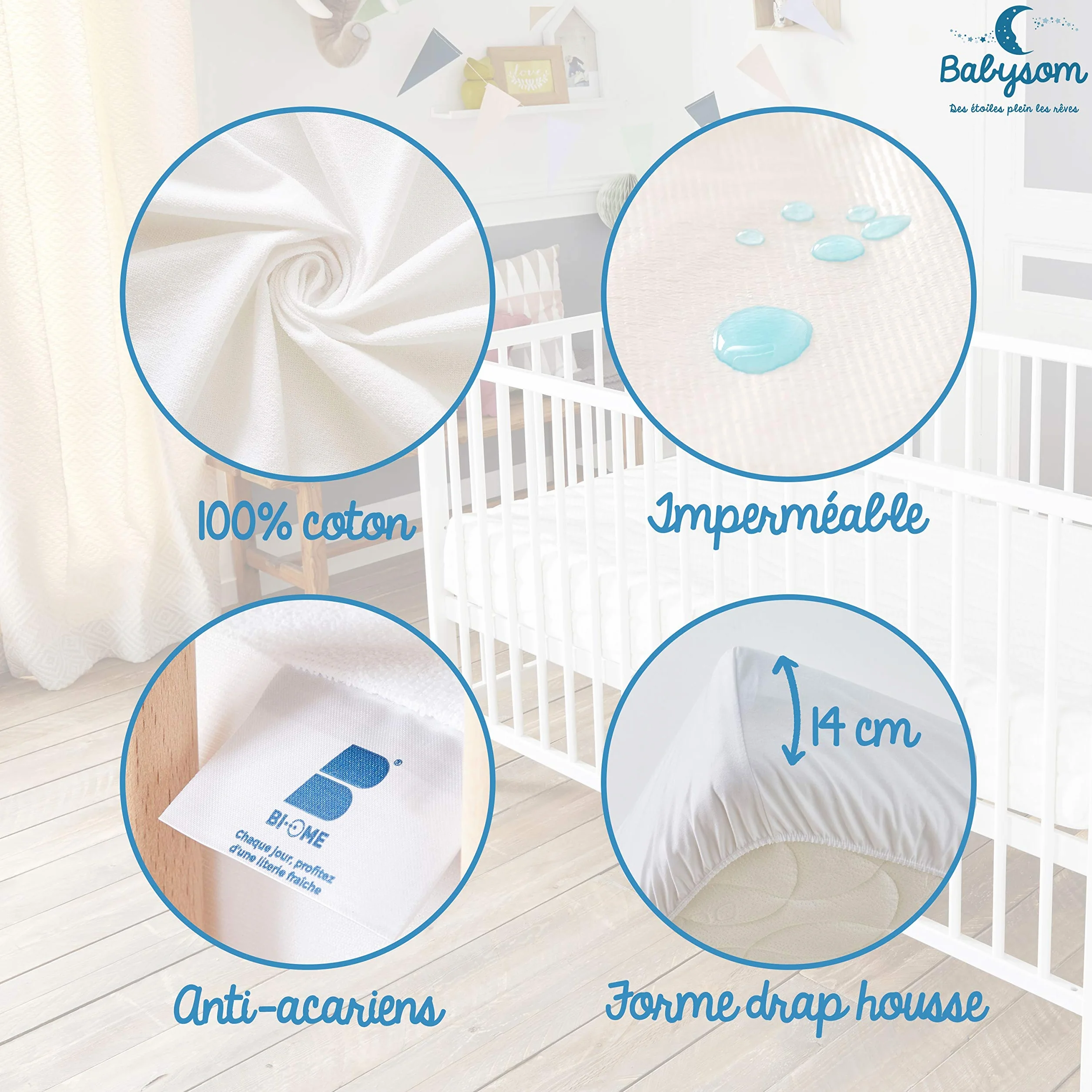 Babysom - Ochraniacz na materac dla niemowląt, nakładka na materac dla dzieci, przeciw roztoczom, 70 x 140 cm, wodoszczelny, 100% bawełna, lekki i bezgłośny, oddychający