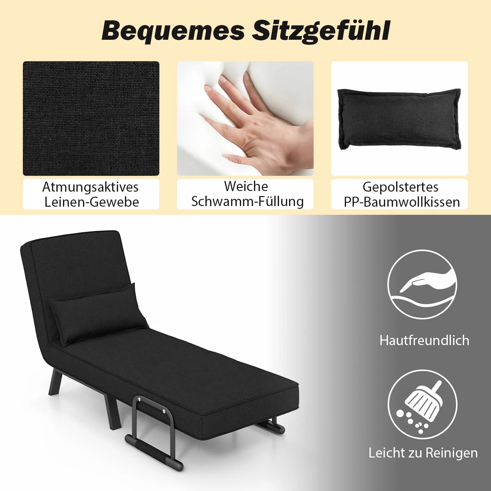 GOPLUS 4 w 1 fotel do spania z funkcją łóżka, sofa do spania z 6-stopniową regulacją oparcia i zdejmowanym poduszkiem, fotel relaksacyjny, rozkładana sofa do łóżka, składany do domu i biura (czarny)