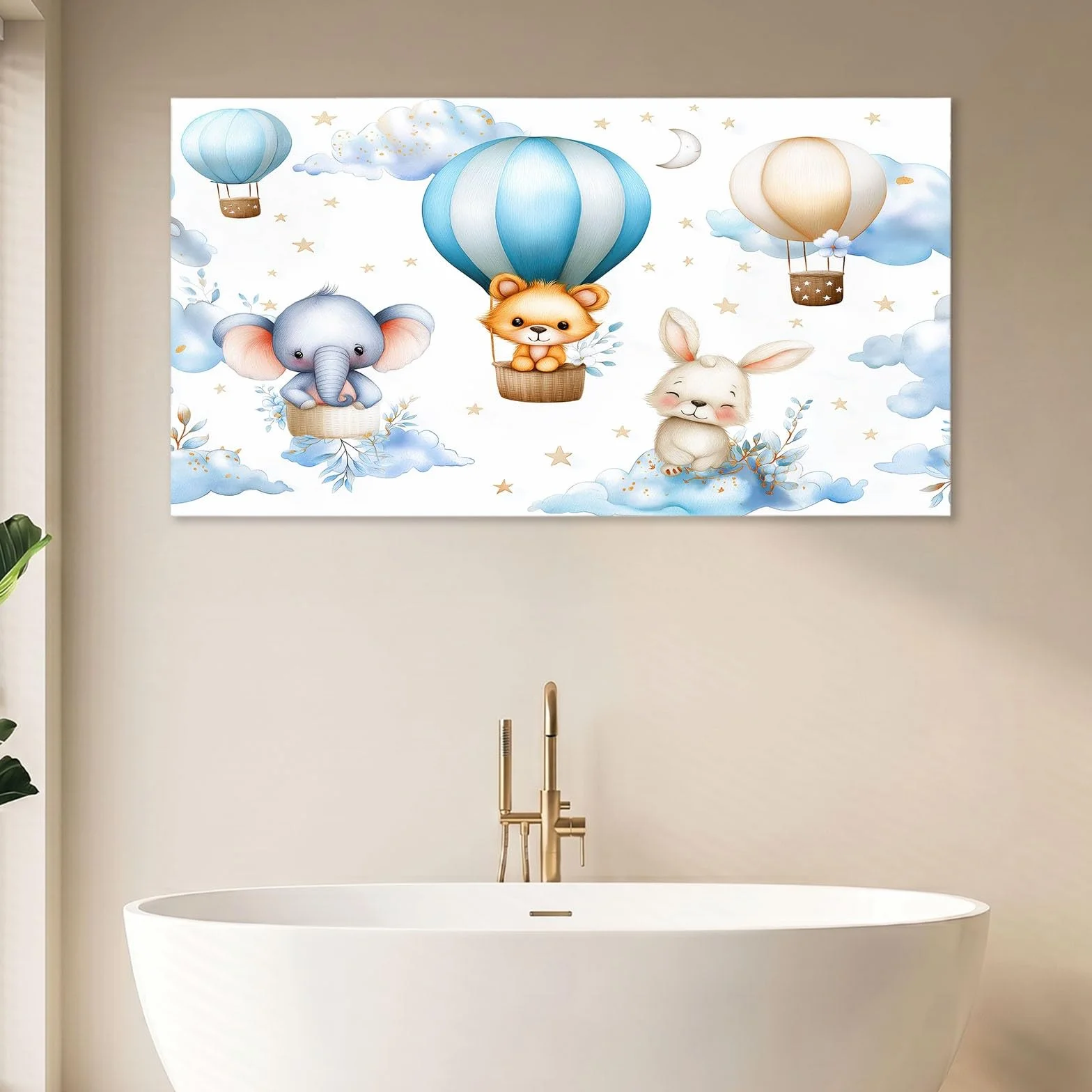 Obrazy na płótnie, z kreskówki, obrazy ścienne do salonu, 90 x 60 cm, druk artystyczny, obrazy na płótnie, białe balony na gorące powietrze, zając, gwiazda, chmura, dekoracja ścienna do korytarza