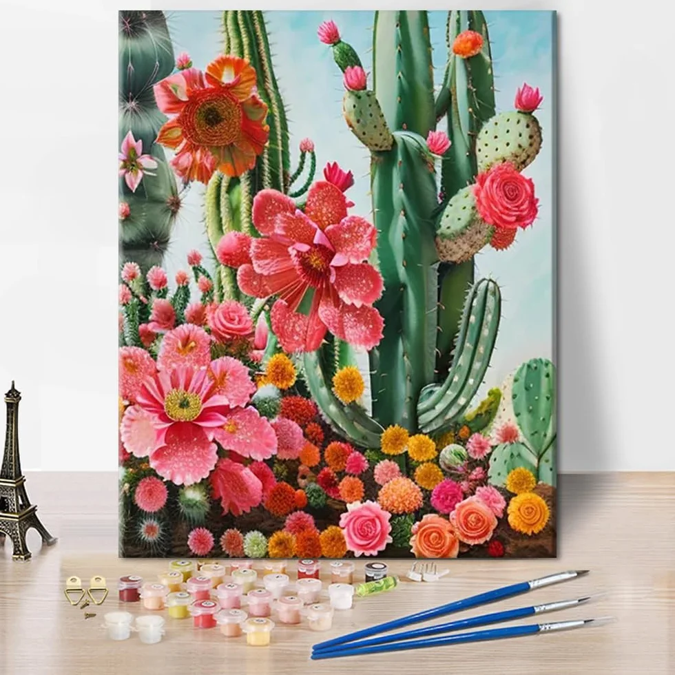 Malowanie według liczb TISHIRON 40x50 cm kaktusy i kwiaty obraz olejny DIY dekoracja ścienna