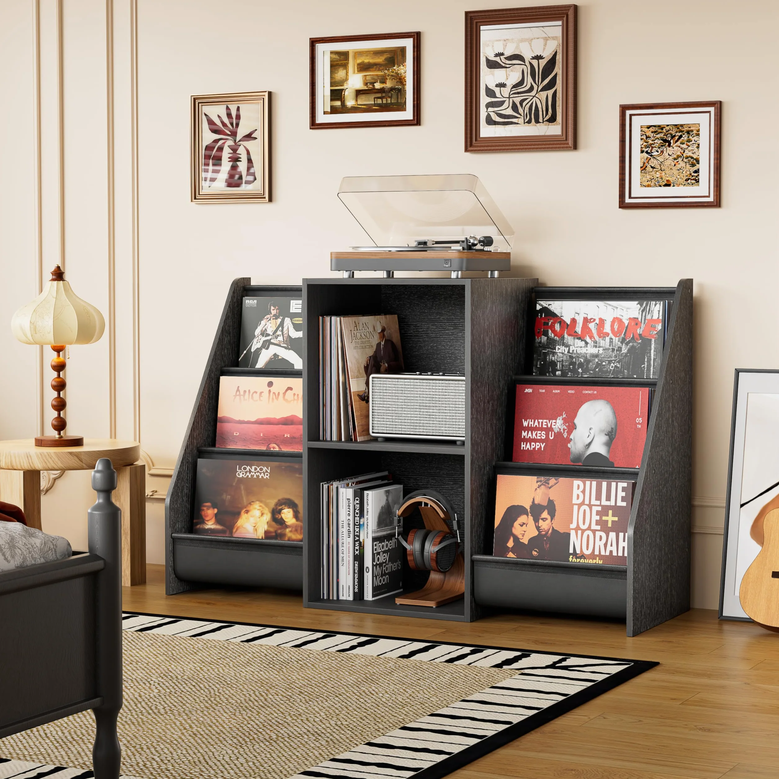Bikoney Stojak na Gramofon z Półką na Winyle – Szafka Pod Gramofon z Miejscem na 300 Płyt, Konsola Multimedialna z Półką na CD do Winyli, Stereo i Gramofonów (Vintage Czarny)