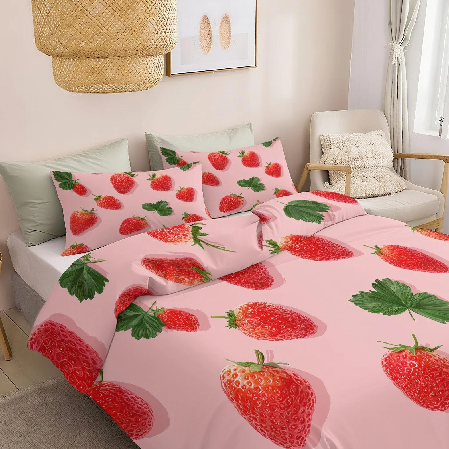 Zestaw dwustronnej pościeli 200 x 200 cm różowy truskawkowy liść, pościel z nadrukiem owocowym - oddychająca miękka poszewka na kołdrę dla dorosłych i dzieci z poszewkami na poduszki