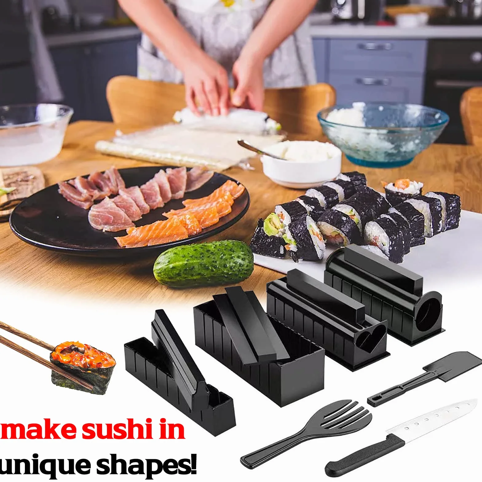 Domowy zestaw do robienia sushi, zestaw 11 sztuk z 8 rolkami do ryżu, widelcem, szpatułką, nożem - łatwy do czyszczenia i użytkowania, można myć w zmywarce do kuchni