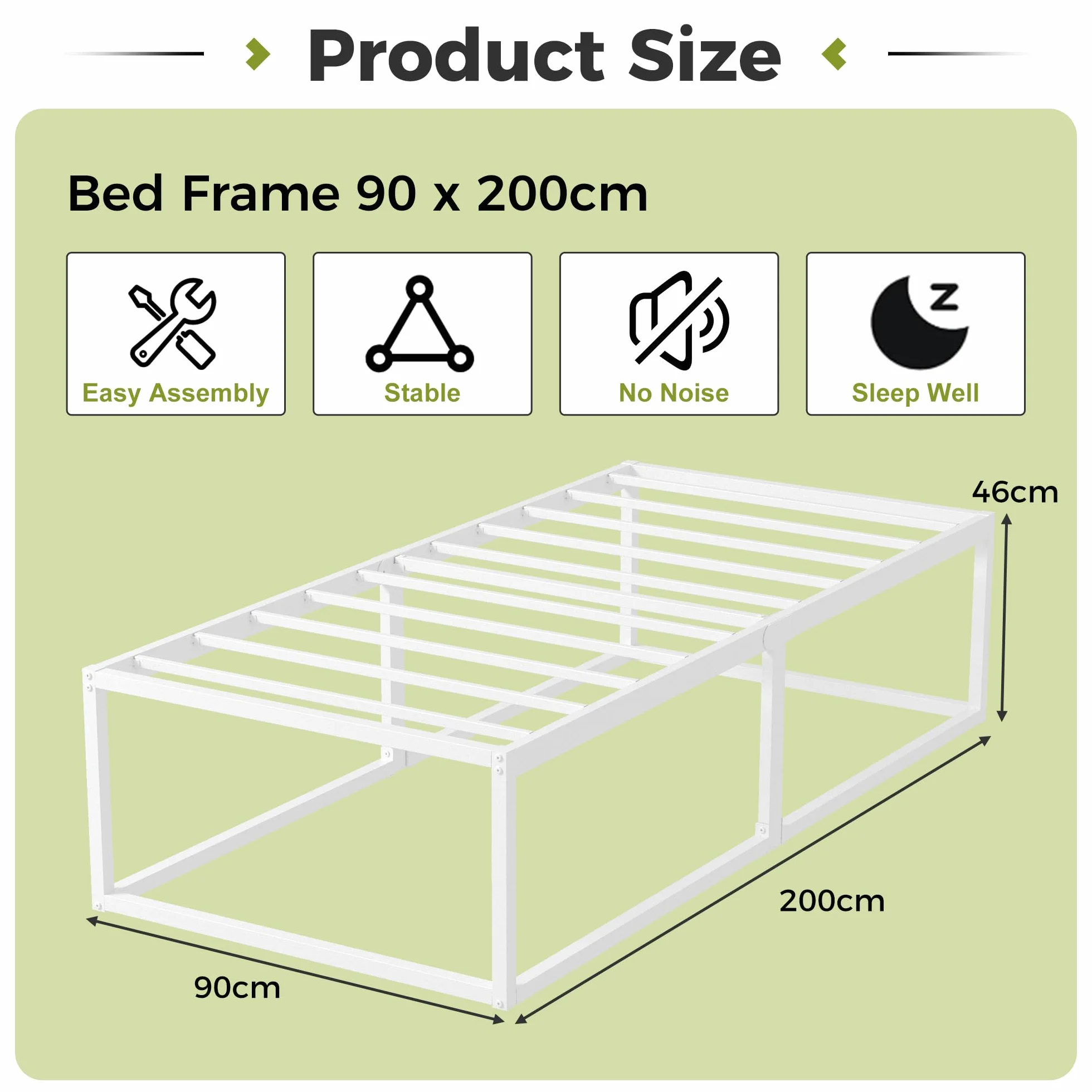 EMODA Wysokie łóżka pojedyncze 46 cm, 90 x 200 cm, stabilne metalowe łóżko z ramą ze stali, duża przestrzeń do przechowywania pod łóżkiem, bezgłośne, łatwy montaż, białe