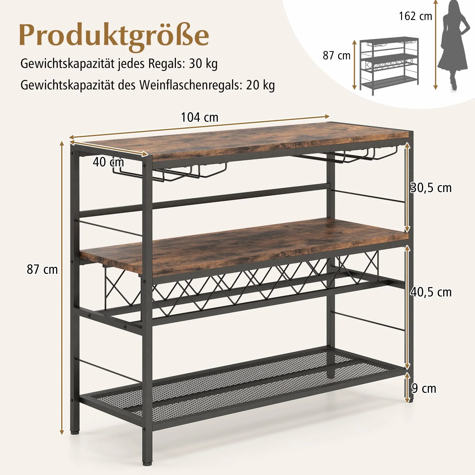 COSTWAY Domowy bar, szafka z 4 rzędami uchwytów na szklanki i regał na 7 butelek wina, regał kuchenny, 4 poziomy, metalowa rama, do kuchni, salonu, rustykalny brąz