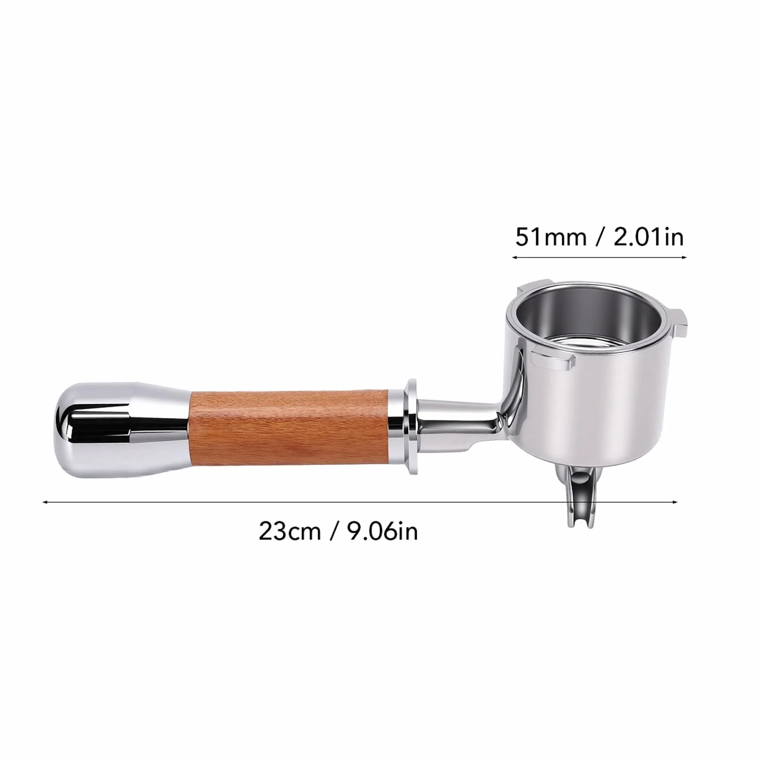 Fabater Kolba ze Stali Nierdzewnej 51 Mm, Kolba do Kawy z Uchwytem z Drewna Orzechowego Odchylonym Pod Kątem 15 Stopni, Zdejmowany Kosz Filtra do Ekspresu Kawy (z dolną podwójną wylewką i trzema