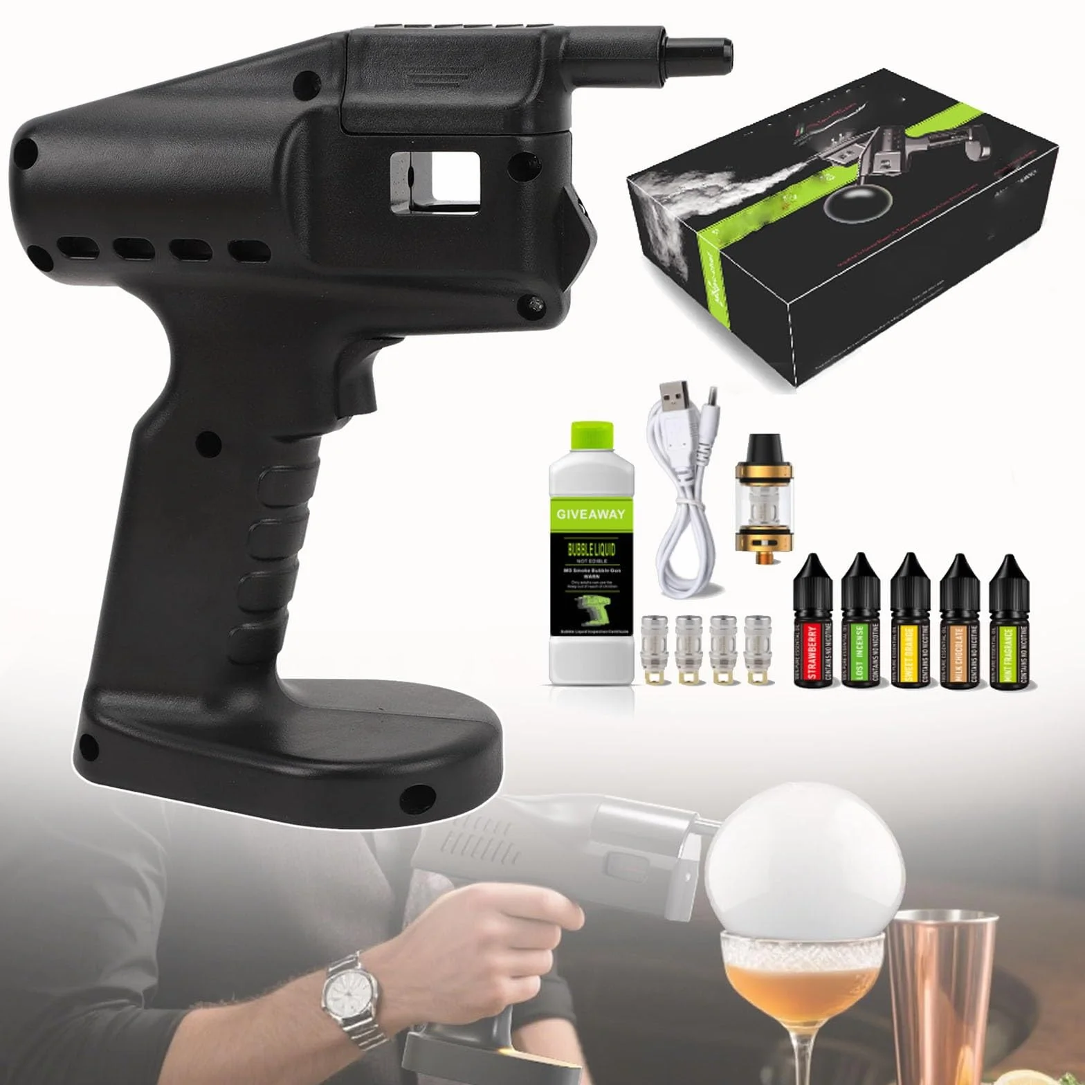 Spieniacz koktajlowy, generator dymu, przenośny pistolet do baniek dymnych, ładowanie USB, do napojów