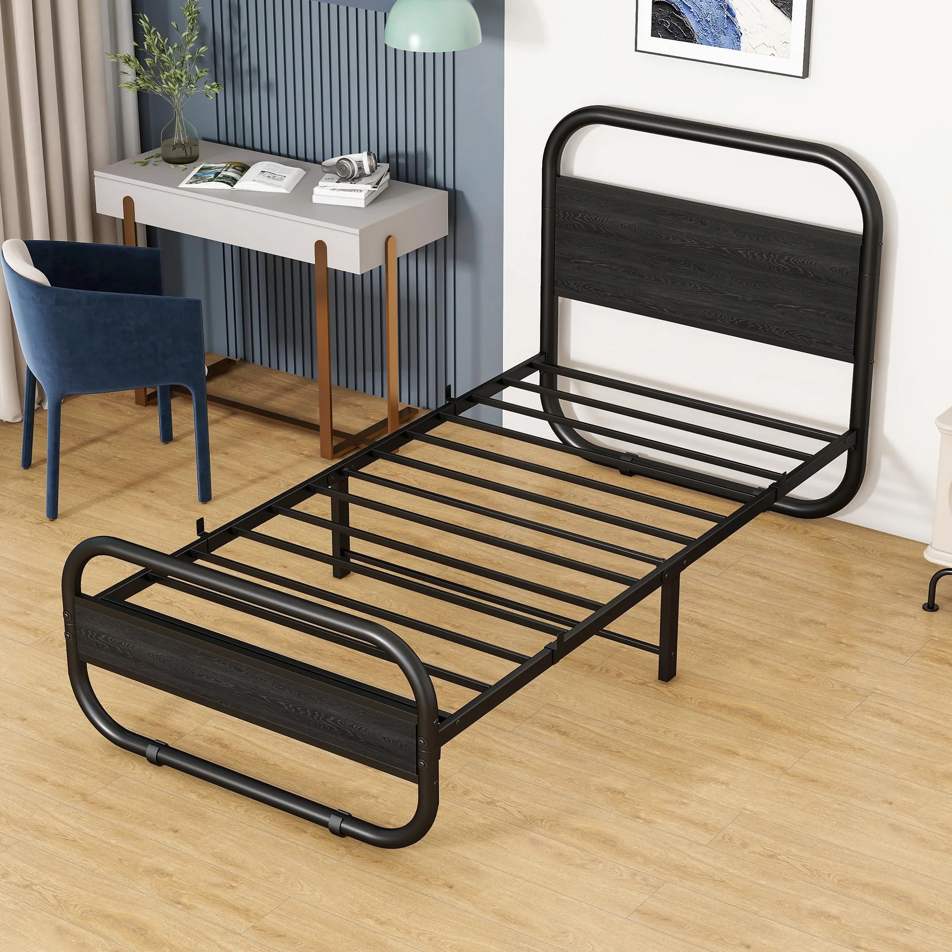 HOMERECOMMEND Łóżko 90 x 200 cm, rama łóżka z metalu i drewna, z listwą dolną, rama łóżka 90 x 200 cm, z zagłówkiem, owalne łóżko z platformą do przechowywania pod łóżkiem, czarna