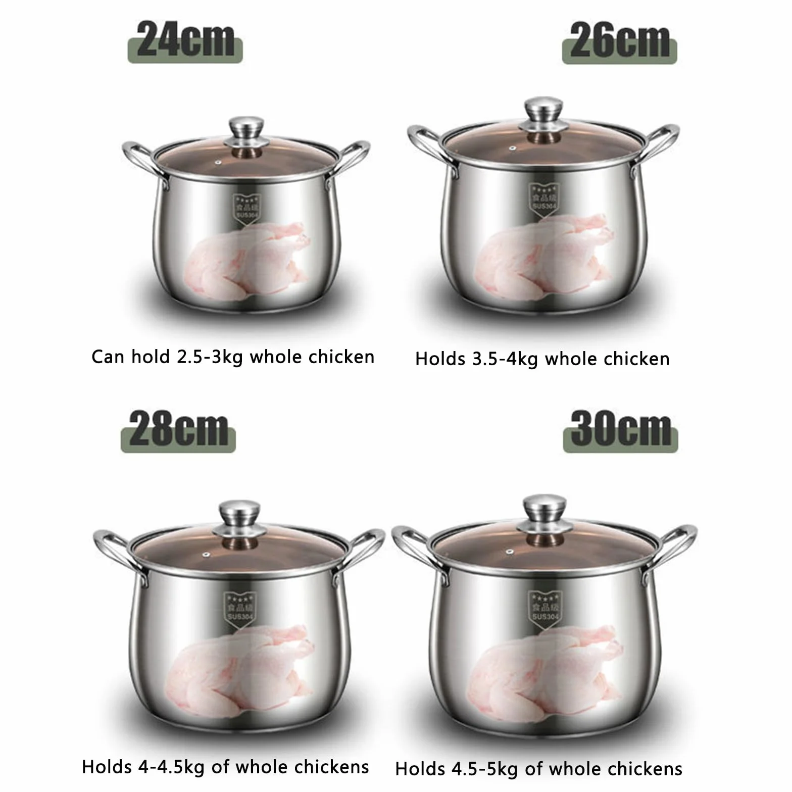 Duży głęboki garnek do gotowania kur ze stali nierdzewnej, garnek do zupy – 26 cm, C