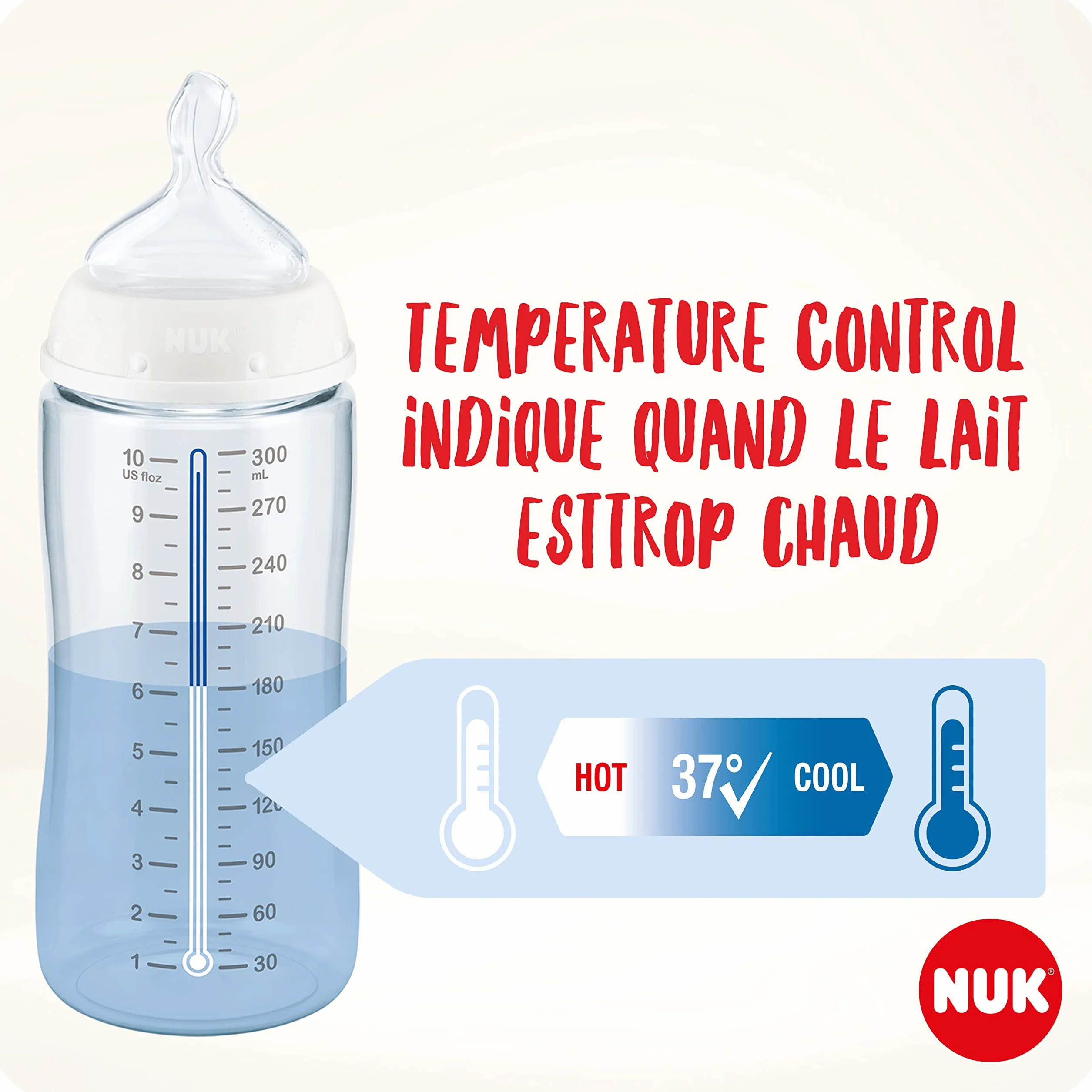 NUK Pierwszy wybór + szklana butelka dla niemowląt | 0-6 miesięcy, kontrola temperatury, silikonowy smoczek, zawór antykolkowy, bez BPA, 240 ml