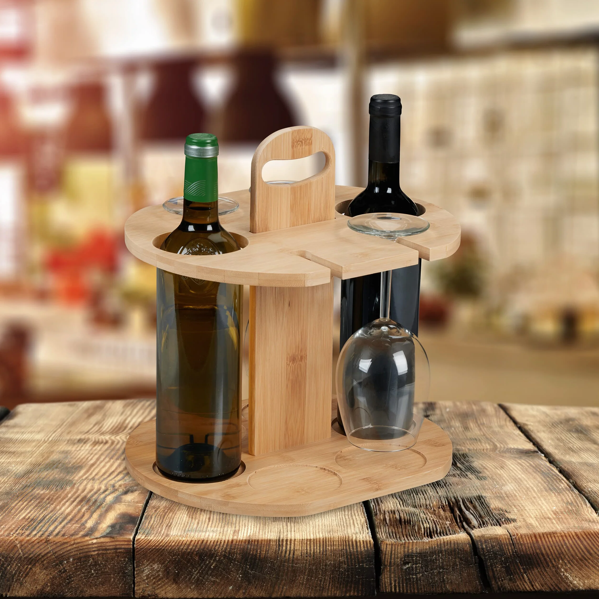 Relaxdays Stojak na wino, bambusowy, stojak na 2 butelki i 4 kieliszki, wys. x gł.: 30,5 x 30 x 25 cm, prezent dla miłośników wina, naturalny