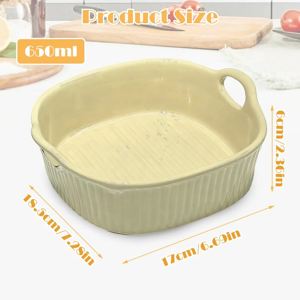 Ceramiczna forma do pieczenia 650 ml, 18,5 x 16,5 x 6 cm, kwadratowy kształt piekarnika z uchwytem, odporna na zarysowania i przecięcia, do lasagne, tiramisu, zapiekanek, akcesoriów do frytkownicy