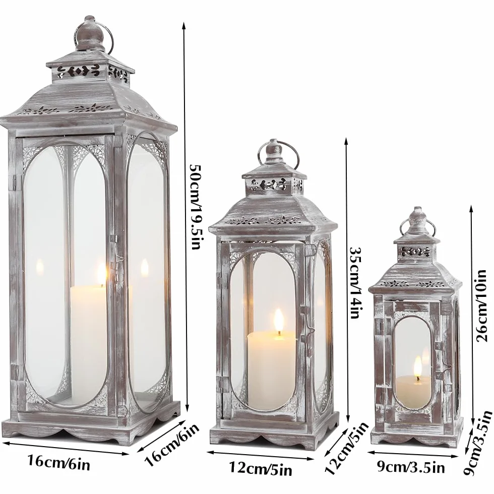 TRIROCKS Zestaw 3 Vintage Lampionów na Świecę 26/35/50 cm Wysokich, Metalowe Uchwyt na Świecę z Hartowanym Szkłem do Salonu, Ogrodu (Cementowy Szary)