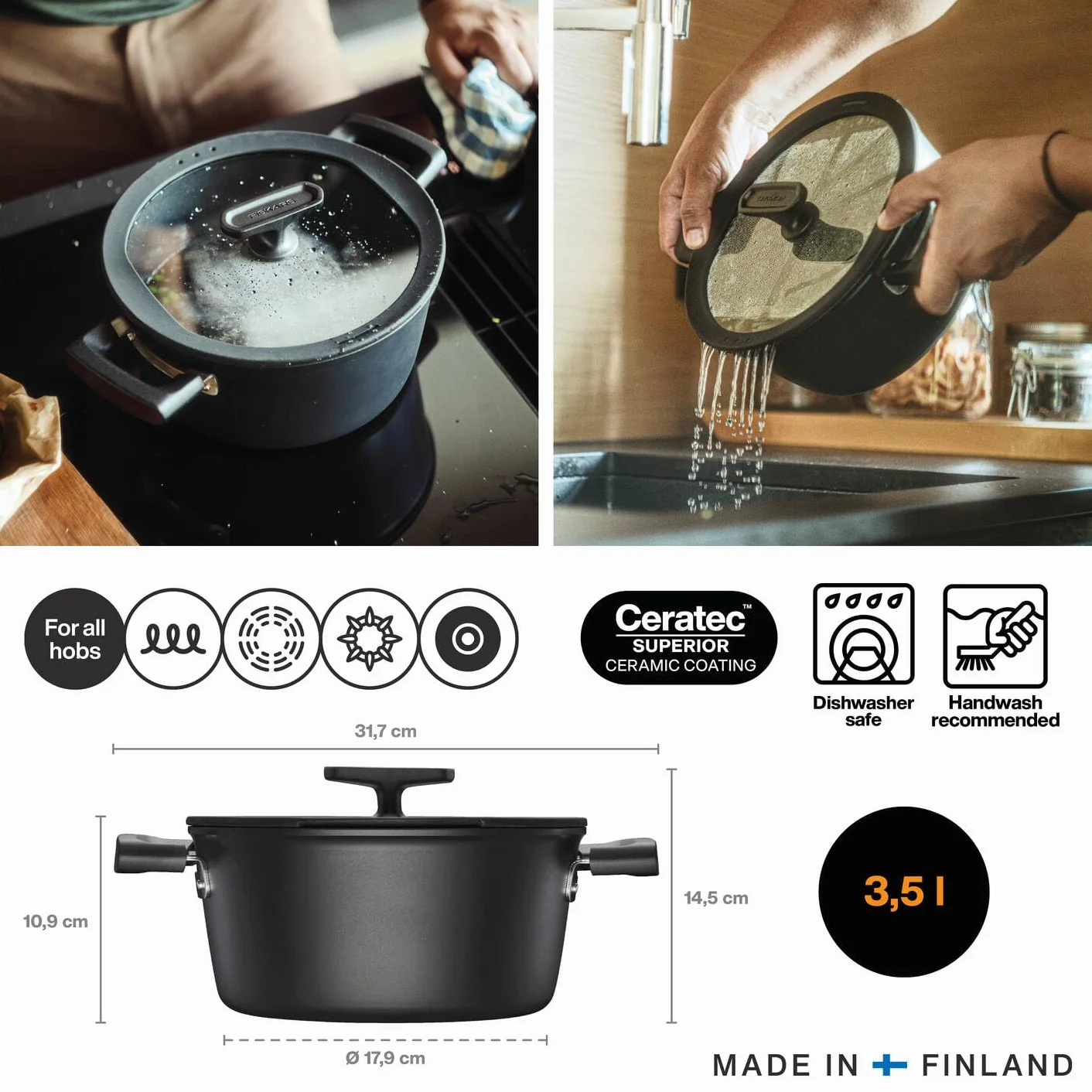 Fiskars Rondel z pokrywką, Hard Face, średnica 22 cm, pojemność: 3,5 litra, odpowiedni do wszystkich płyt grzewczych, powłoka nieprzywierająca, odporny na zarysowania, aluminium/plastik, 1075526